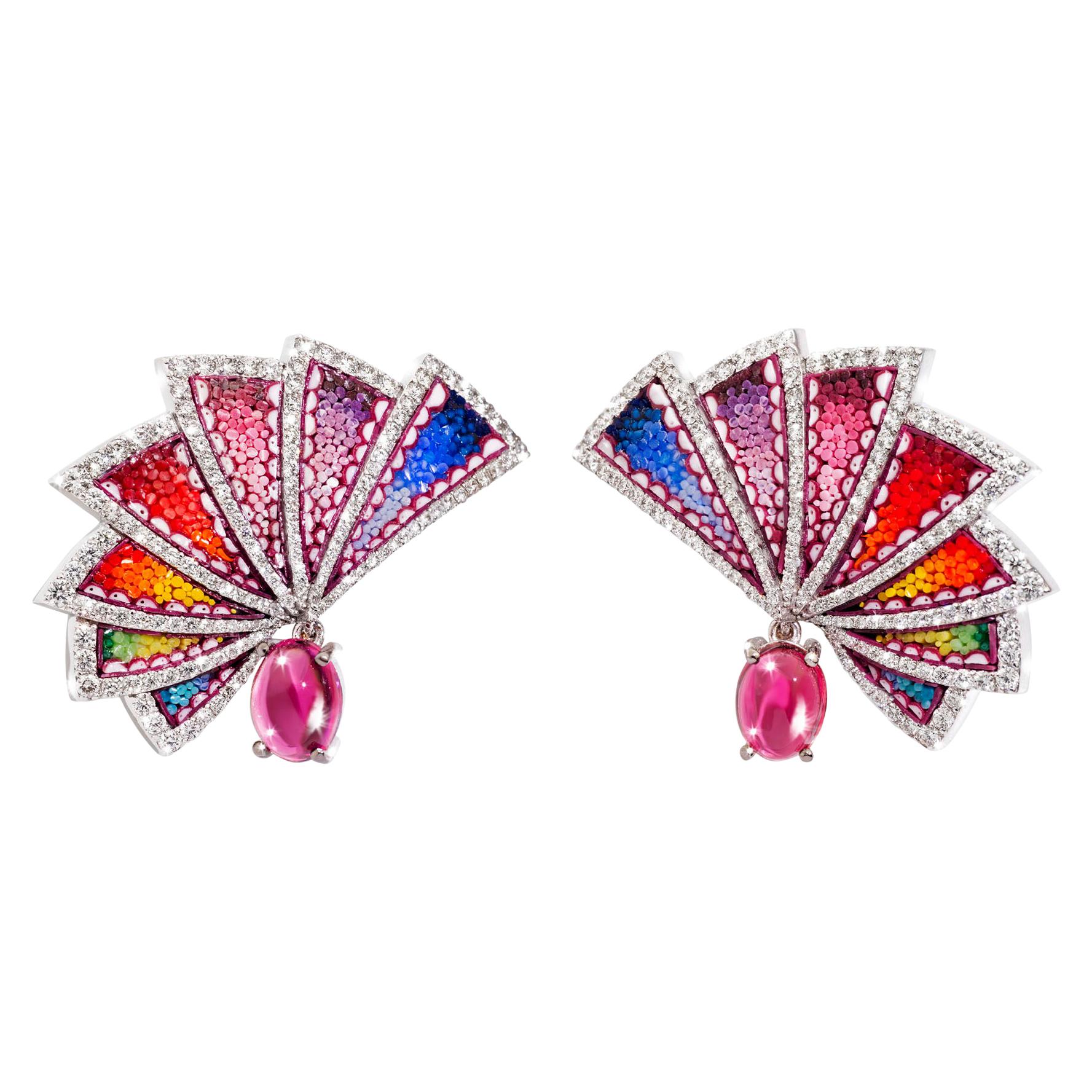 Earrings White Gold White Diamonds Rubelite HandDecorated with Micromosaic