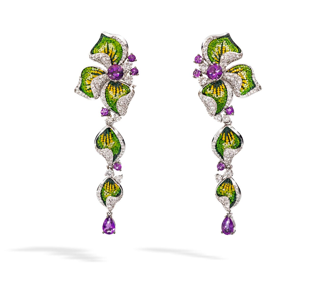 Brilliant Cut Earrings White Gold White Diamonds Amethyst HandDecorated With MicroMosaic For Sale