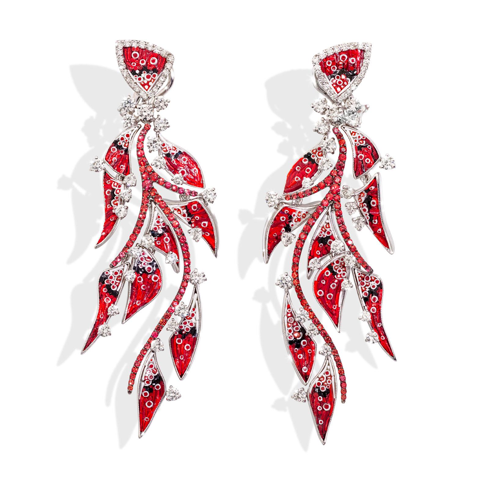 Contemporary Earrings White Gold White Diamonds Sapphires HandDecorated with MicroMosaic For Sale