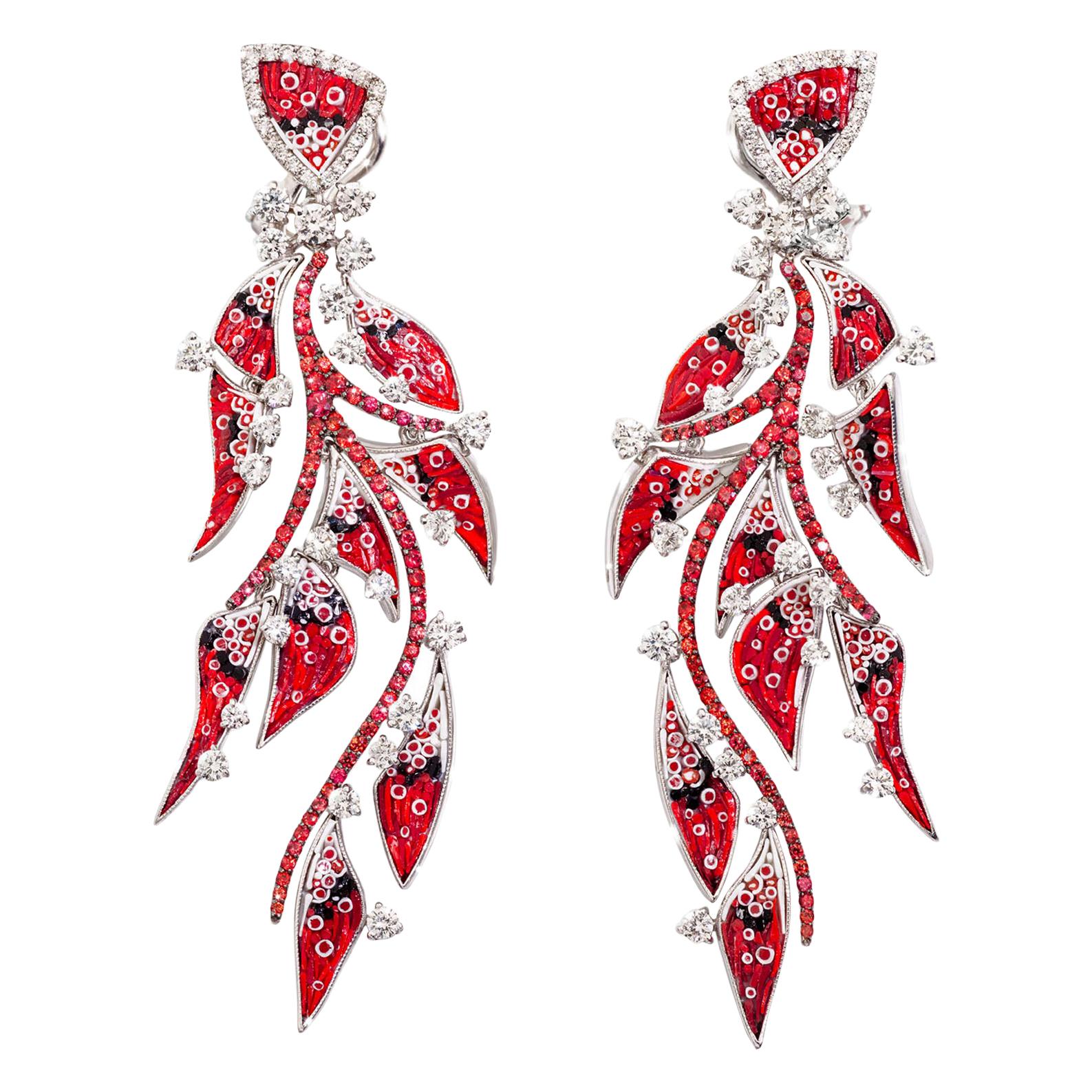 Earrings White Gold White Diamonds Sapphires HandDecorated with MicroMosaic