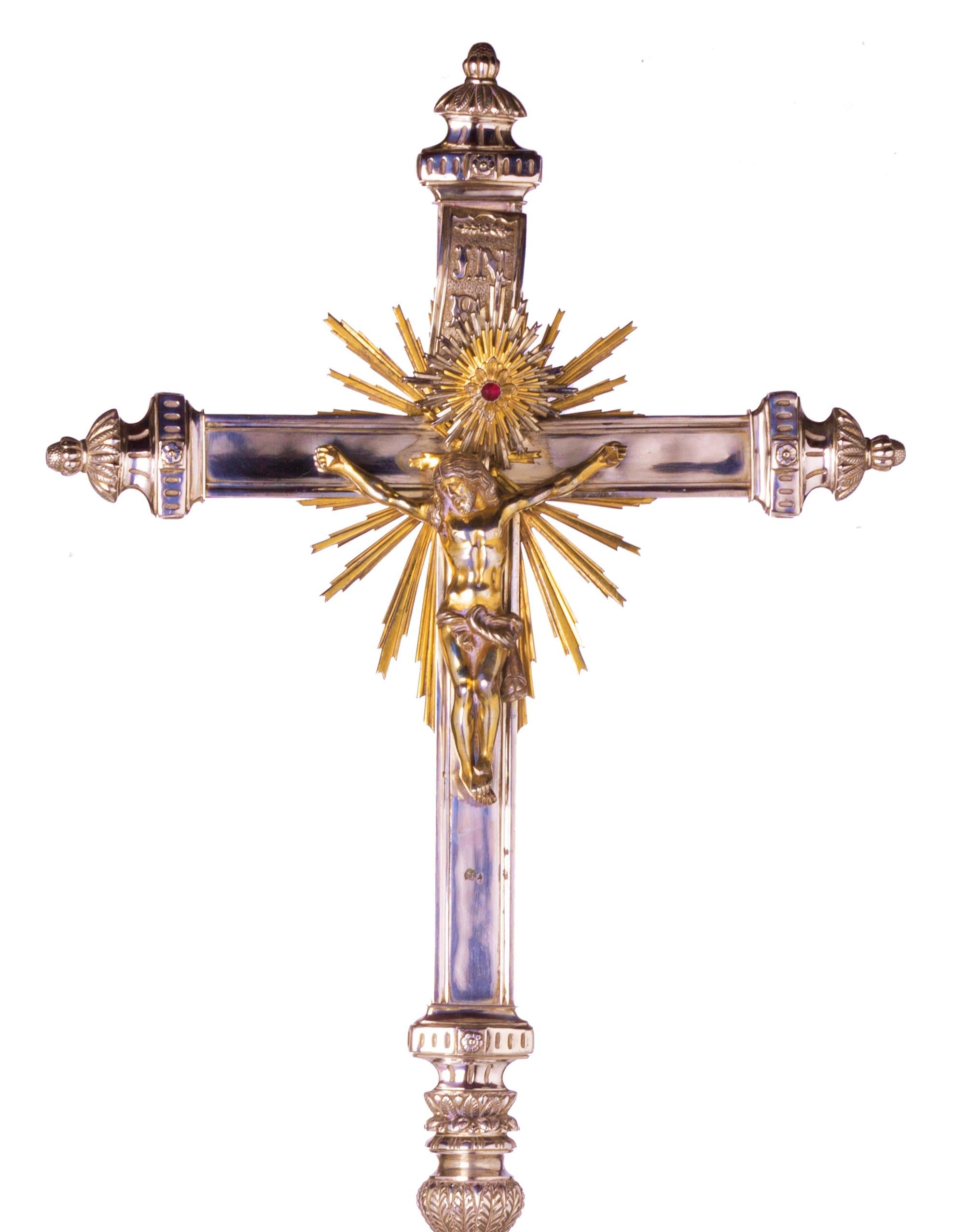 Portuguese Amazing Silver Altar Cross 19th Century For Sale