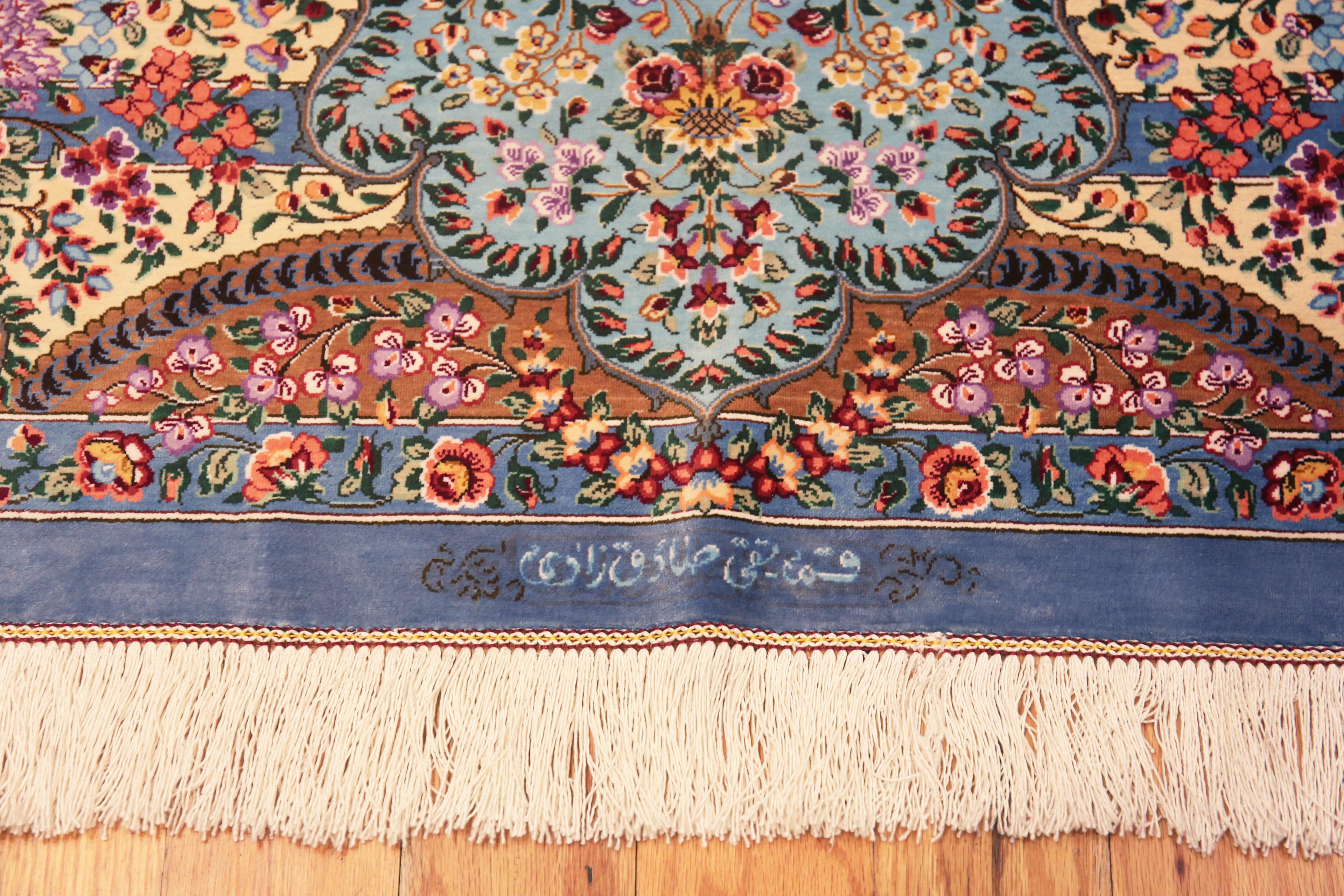 Amazing Small Fine Floral Luxurious Vintage Persian Silk Qum Rug, Country of origin: Persian Rugs, Circa date: Vintage 