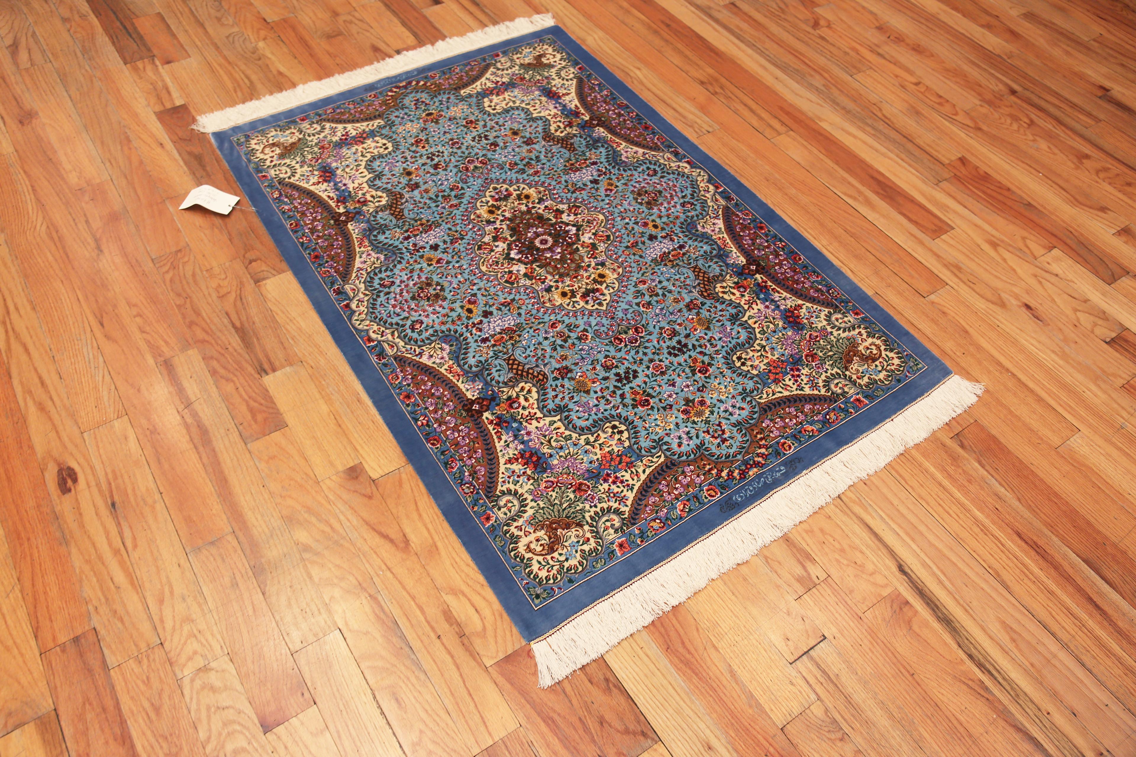 Amazing Small Fine Floral Luxurious Vintage Persian Silk Qum Rug 3'6