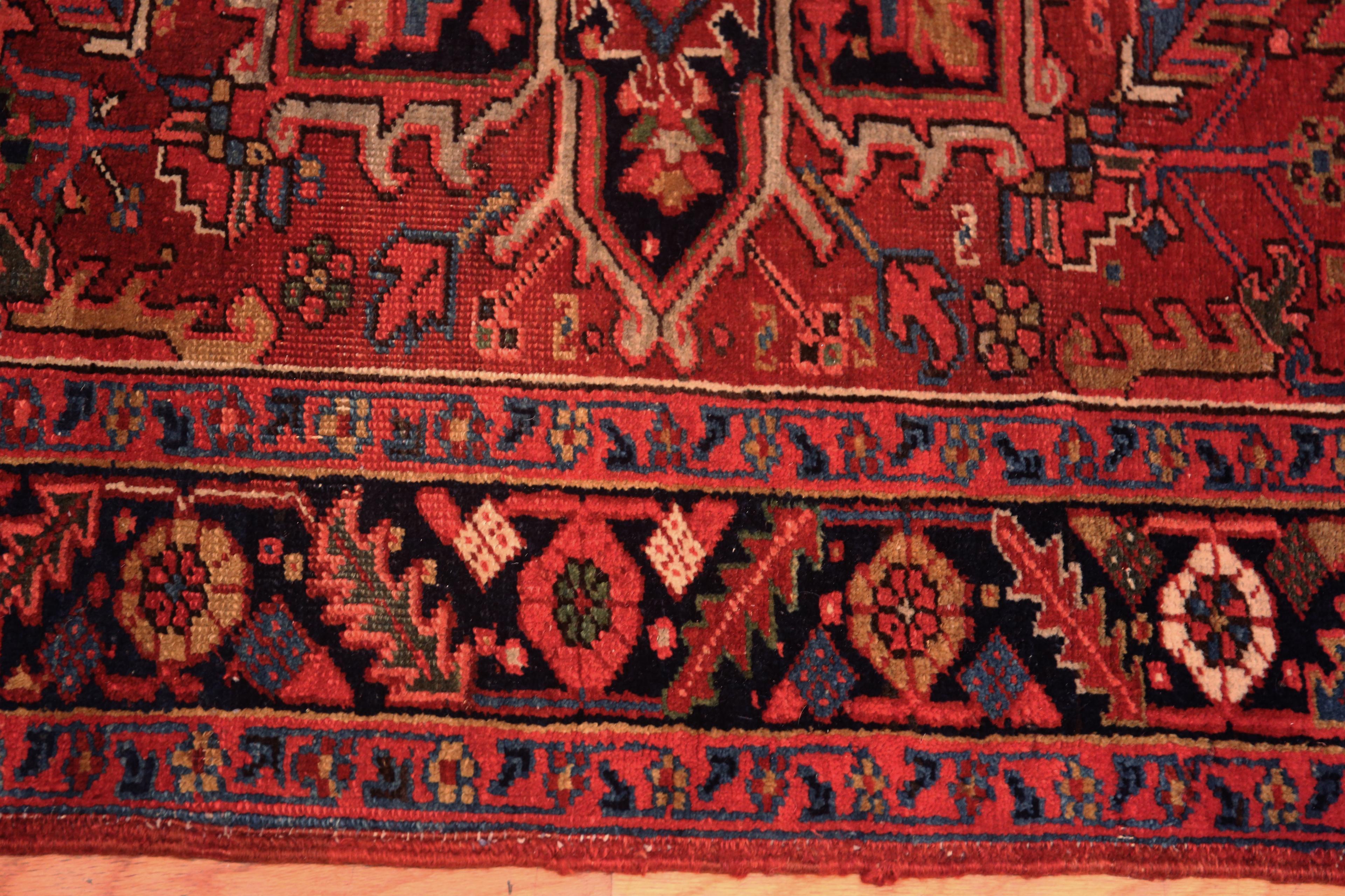 An Amazing Small Red And Blue Geometric Medallion Design Antique Persian Heriz Area Rug, Country of origin: Persian Rugs, Circa date: 1920