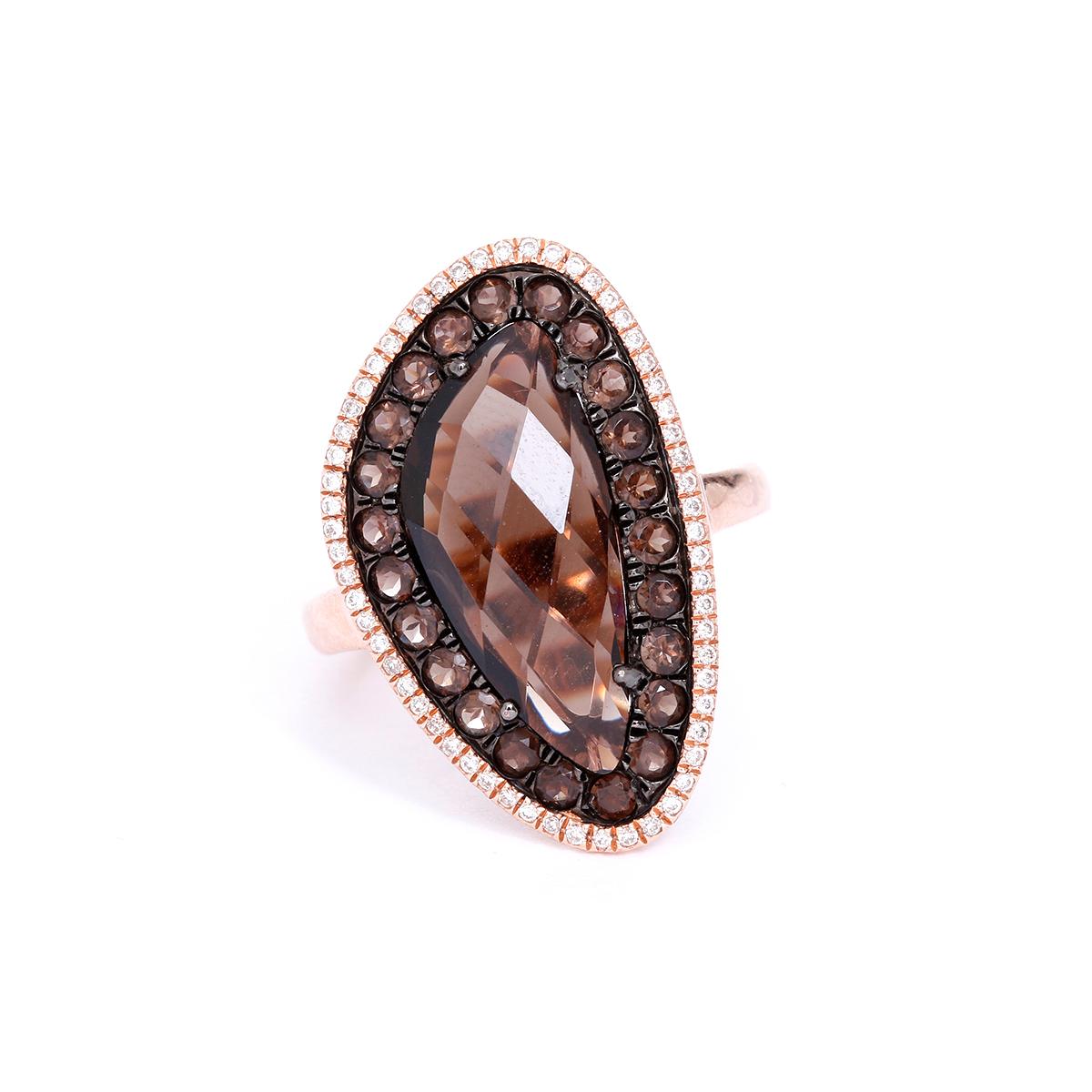 Amazing Smoky Quartz Diamond Gold Ring In New Condition For Sale In Dallas, TX