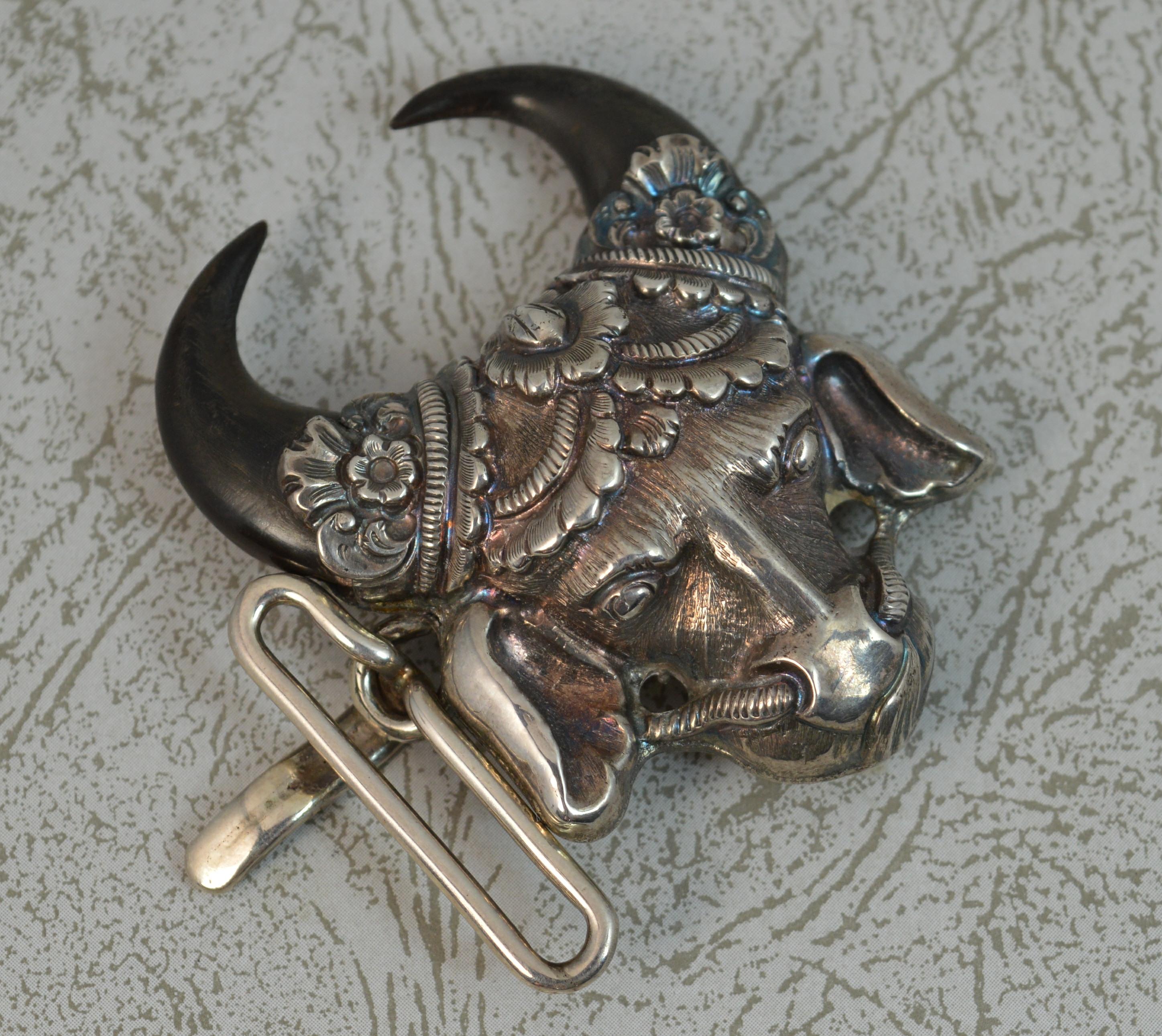 Victorian Amazing Solid Silver Buffalo Bison Belt Buckle