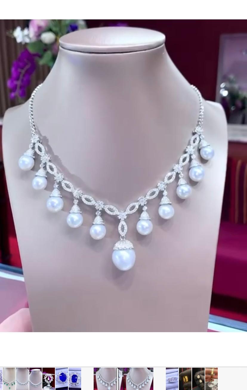Women's or Men's GIT Certified South Sea Pearls 6.76 Ct Diamonds 18K Gold Necklace  For Sale