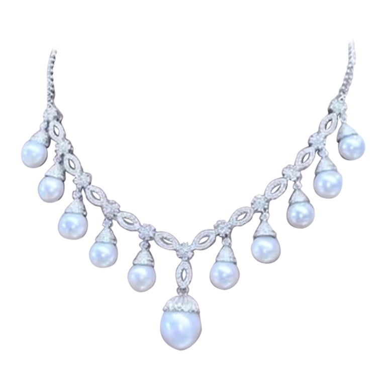 GIT Certified South Sea Pearls 6.76 Ct Diamonds 18K Gold Necklace