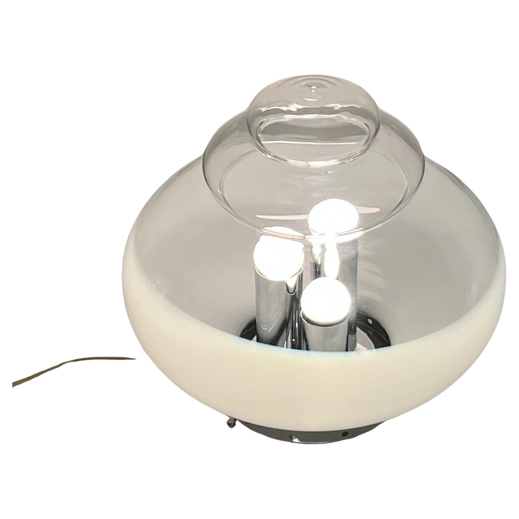 Amazing Space Age 'UFO' Flying Saucer Table Lamp in Glass and Metal, Italy 1960s For Sale