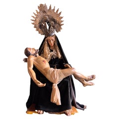 Amazing Spanish Baroque Pietà in Polychrome Wood with Silver Crown, 18th Century