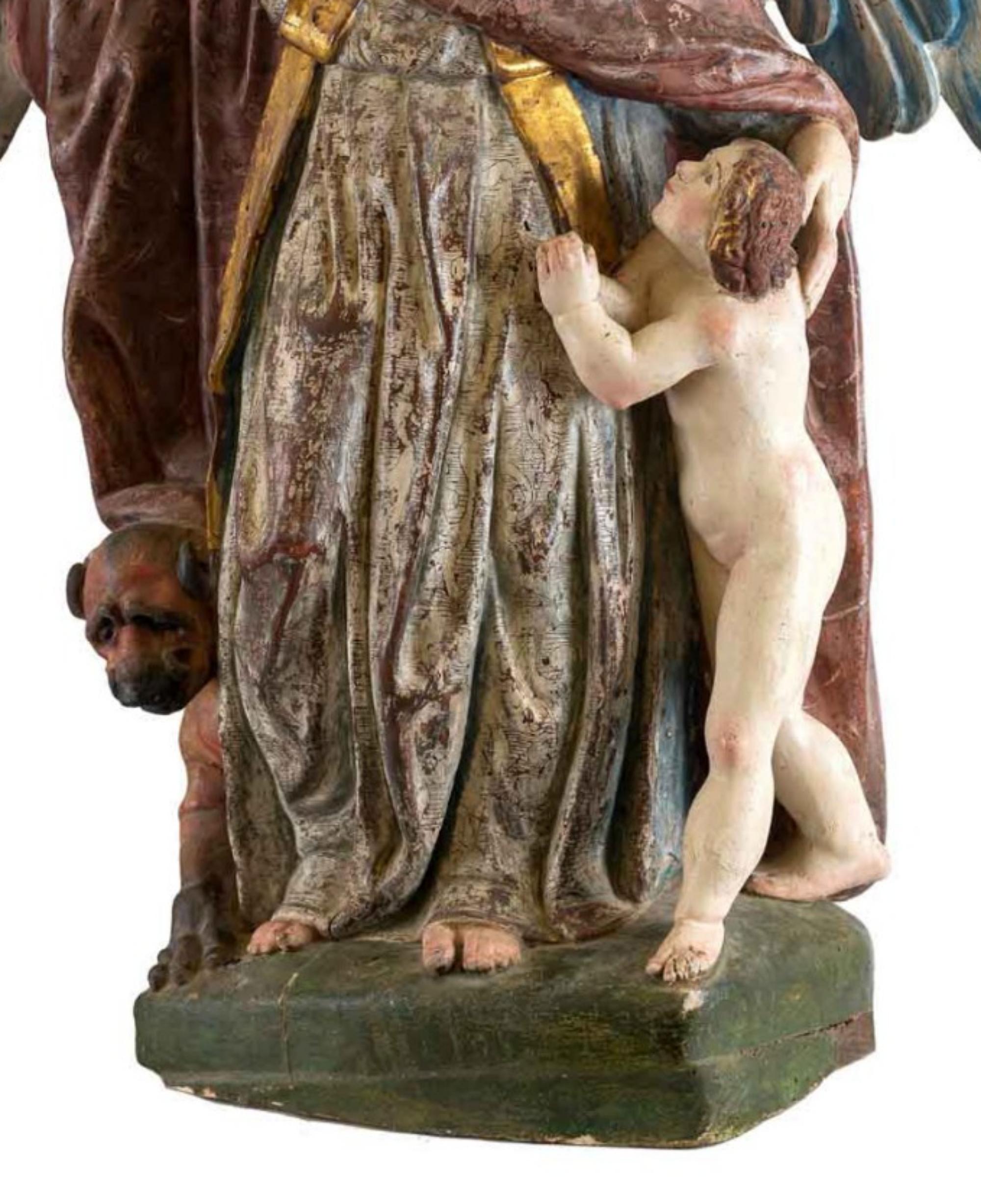 Spanish school S. XVII
Guardian angel
Polychrome wood carving.
Height: 115 cm.
Of Cantabrian origin from the city of Trasmiera. It belonged to a private chapel to which it gave its name as the Chapel of the Angel. This work, made in the second