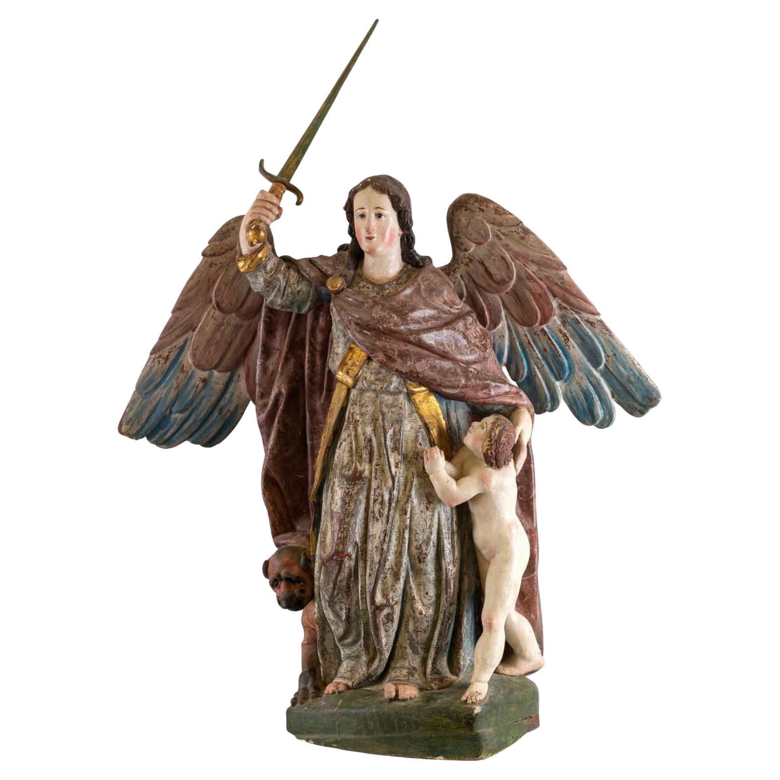 Incroyable sculpture espagnole du 17ème siècle « Angel Guardian Angel » en vente