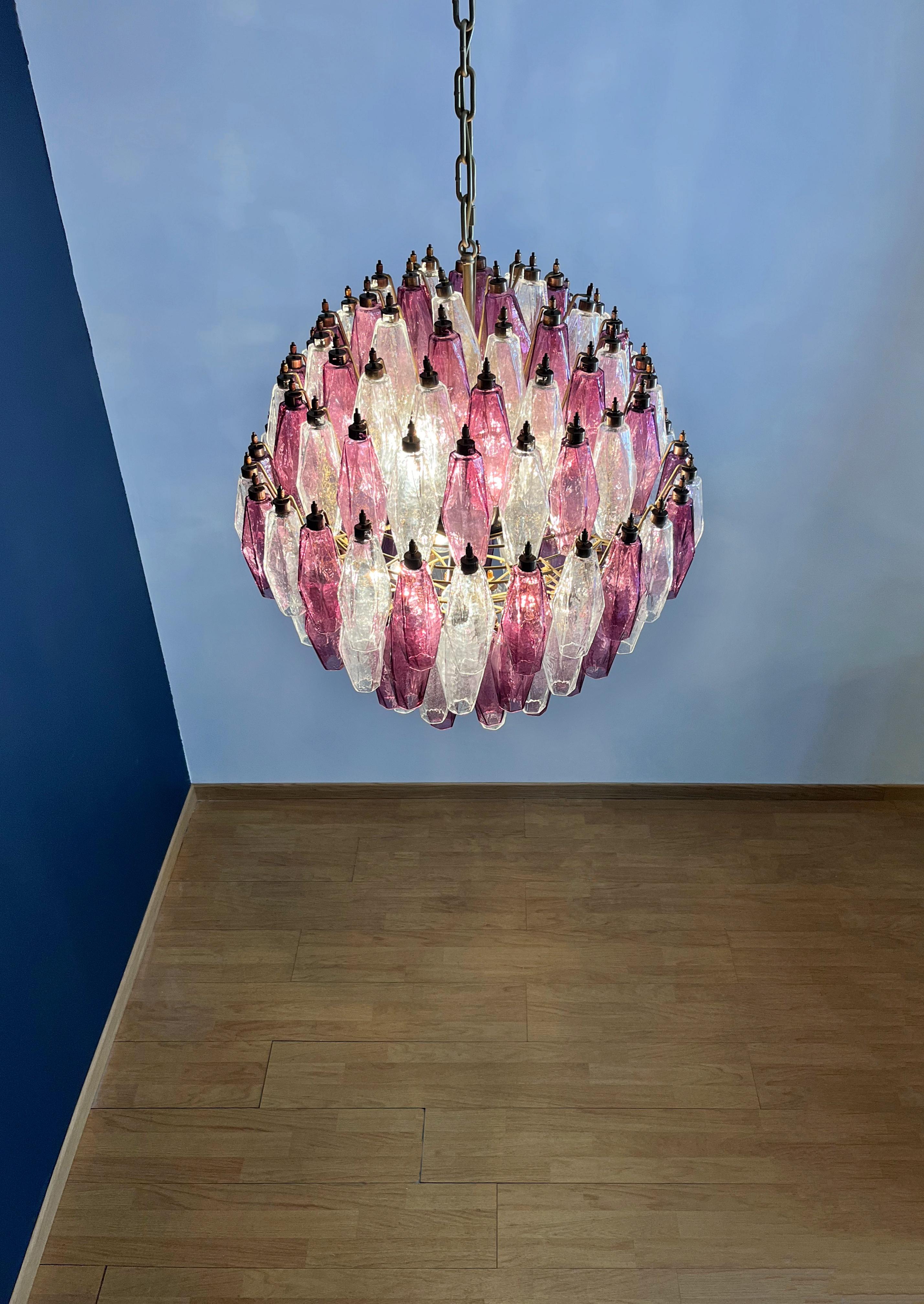 Amazing spherical Murano polyhedra Candelier-140 polyhedra transparent and amethyst For Sale 11