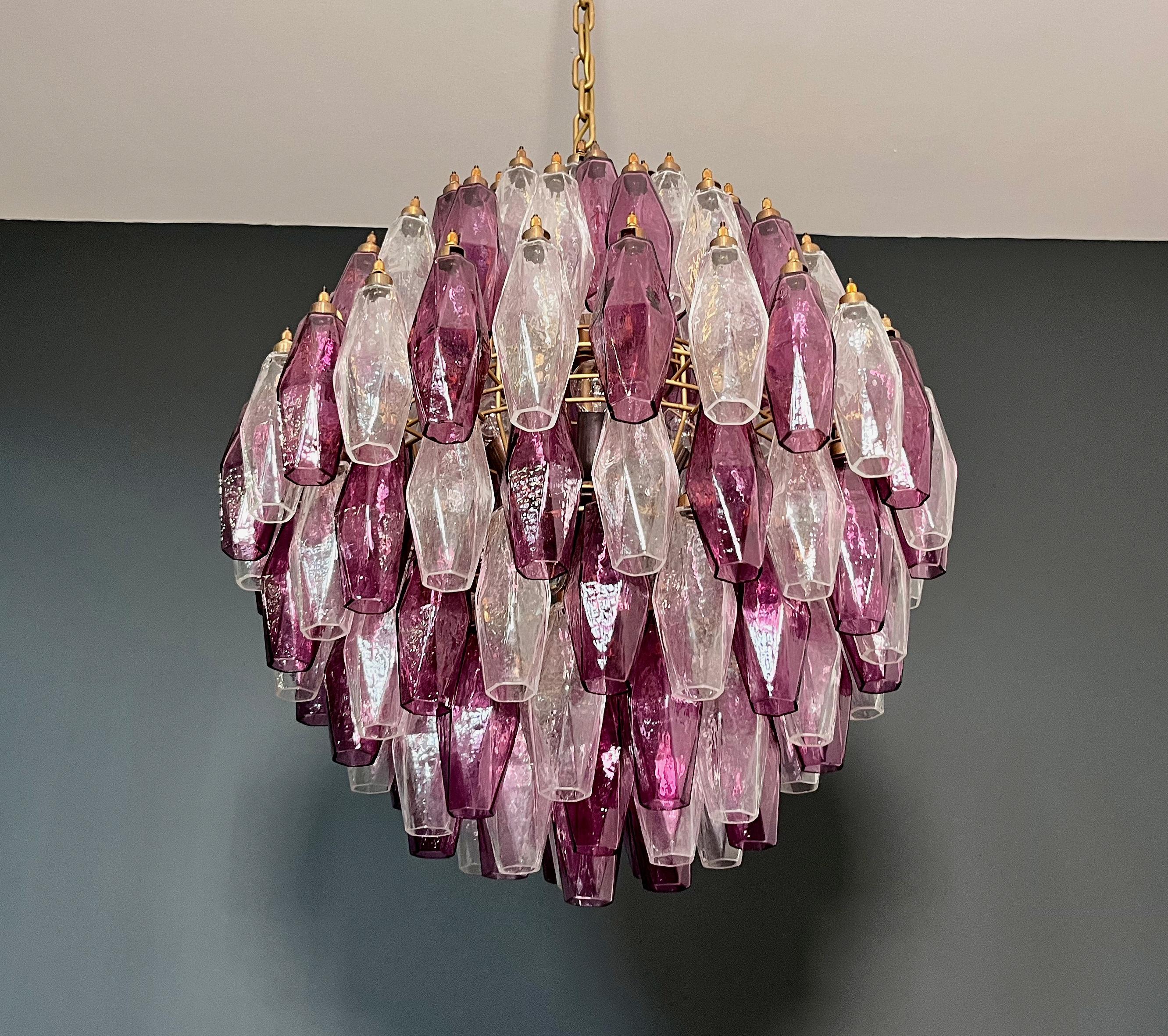 Italian Amazing spherical Murano polyhedra Candelier-140 polyhedra transparent and amethyst For Sale