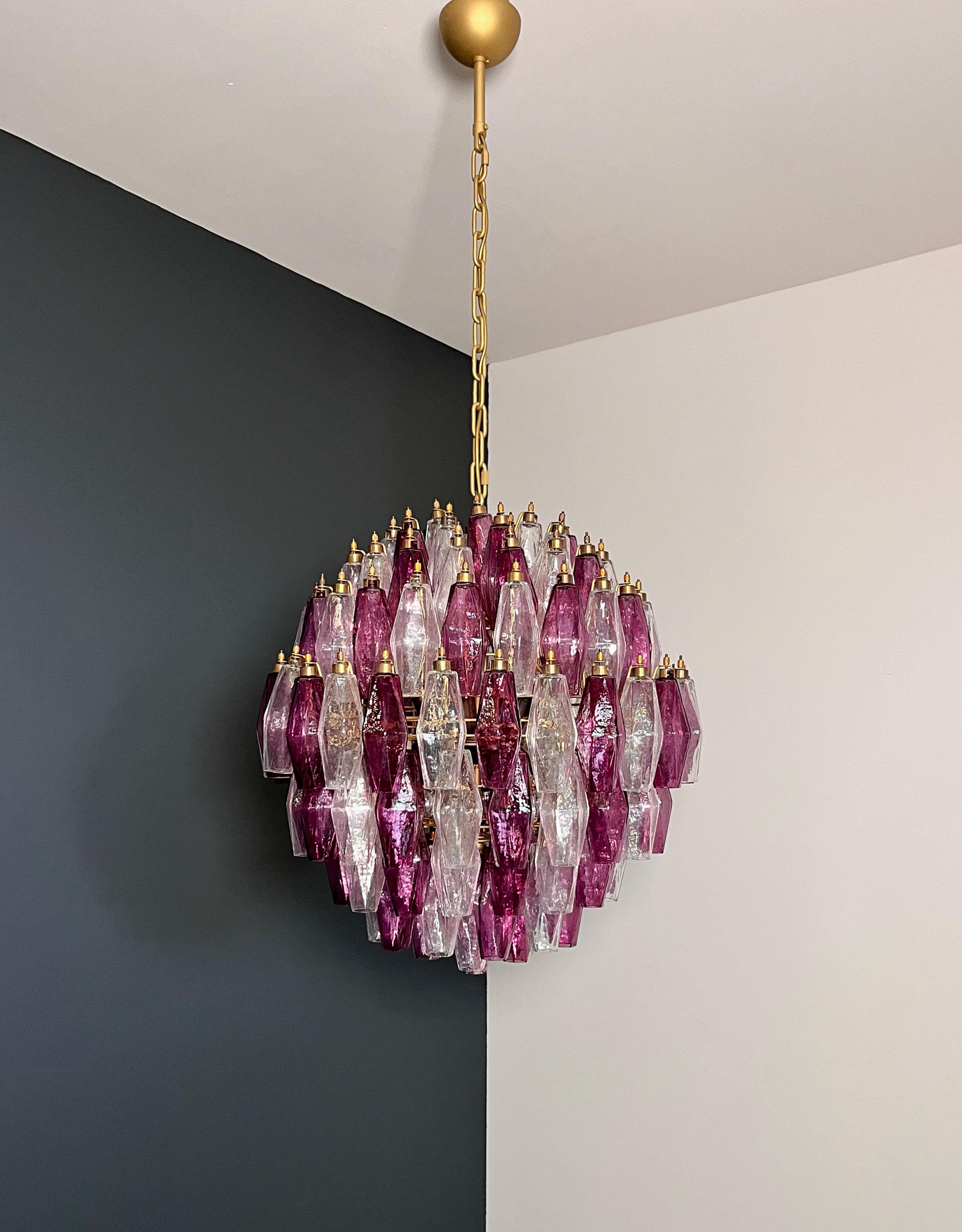 20th Century Amazing spherical Murano polyhedra Candelier-140 polyhedra transparent and amethyst For Sale