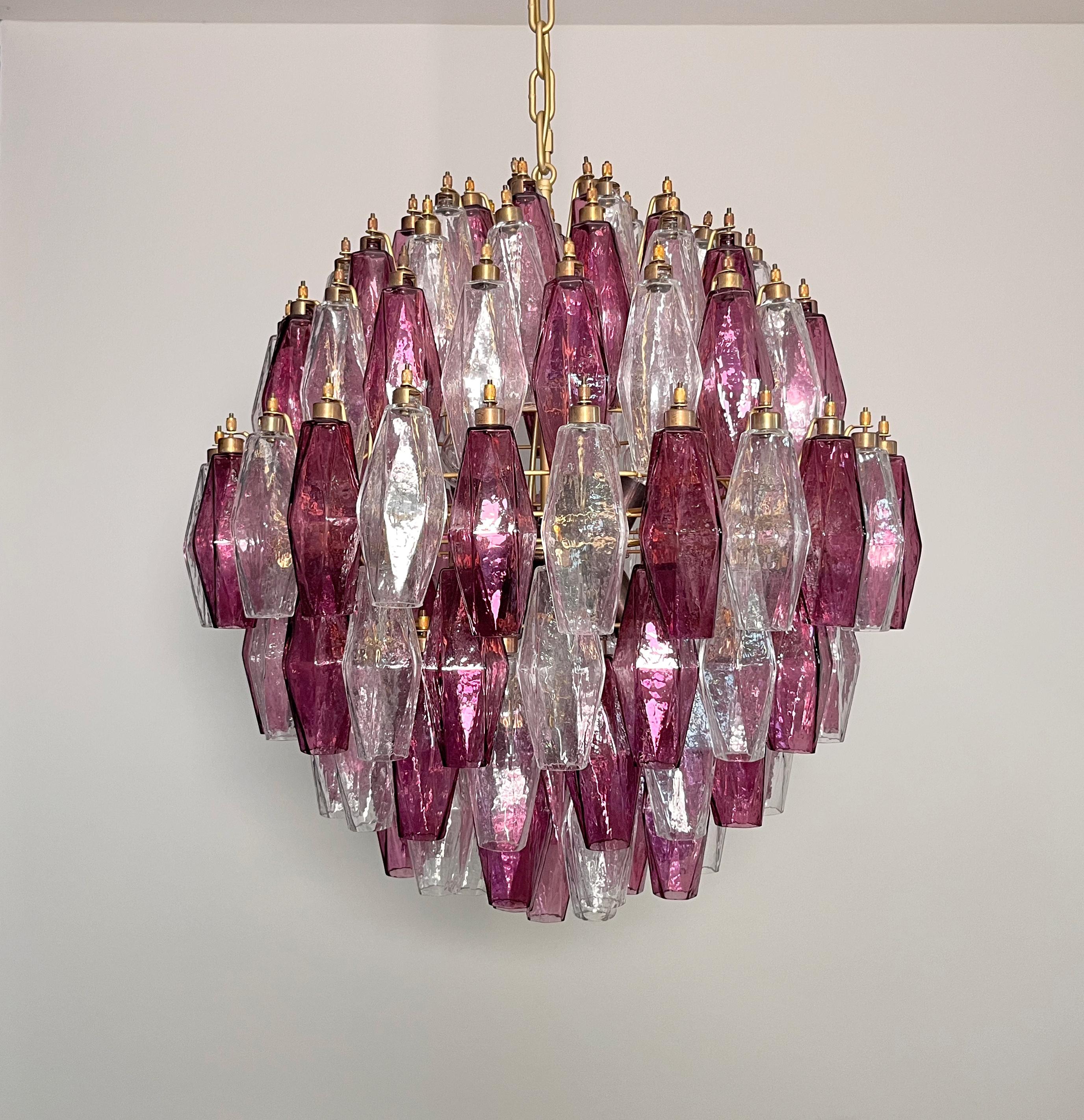 Blown Glass Amazing spherical Murano polyhedra Candelier-140 polyhedra transparent and amethyst For Sale