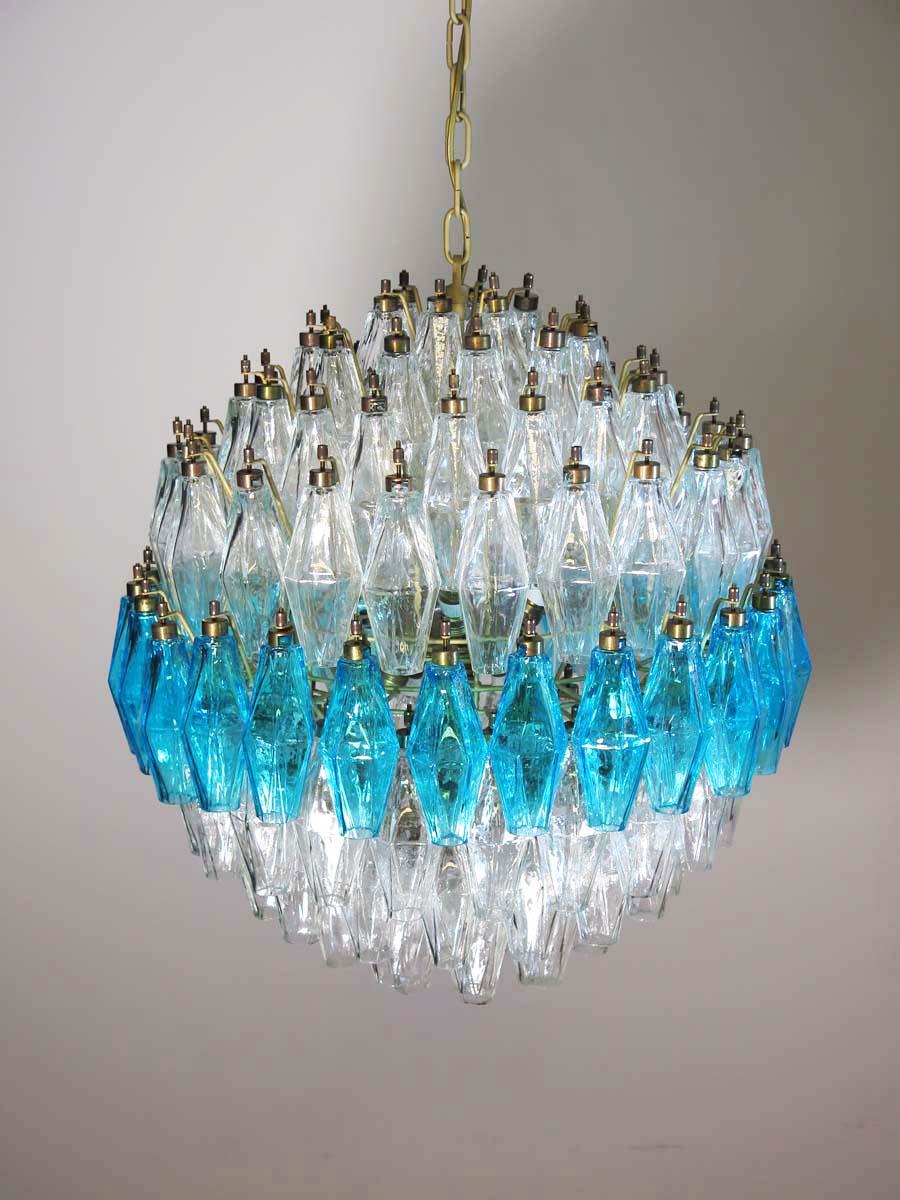Amazing Spherical Murano Poliedri Candelier, 140 Poliedri Trasparent and Blue For Sale 4