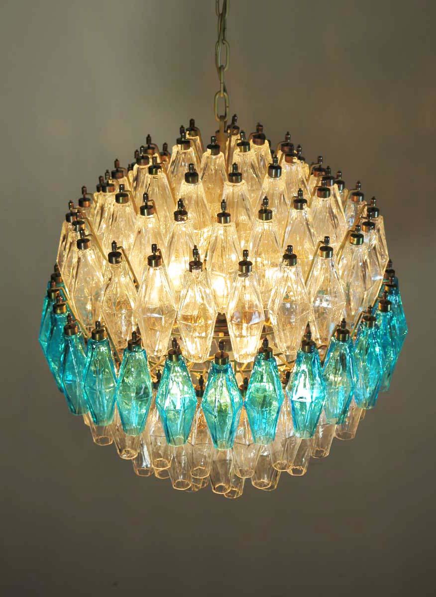 Amazing Spherical Murano Poliedri Candelier, 140 Poliedri Trasparent and Blue For Sale 1