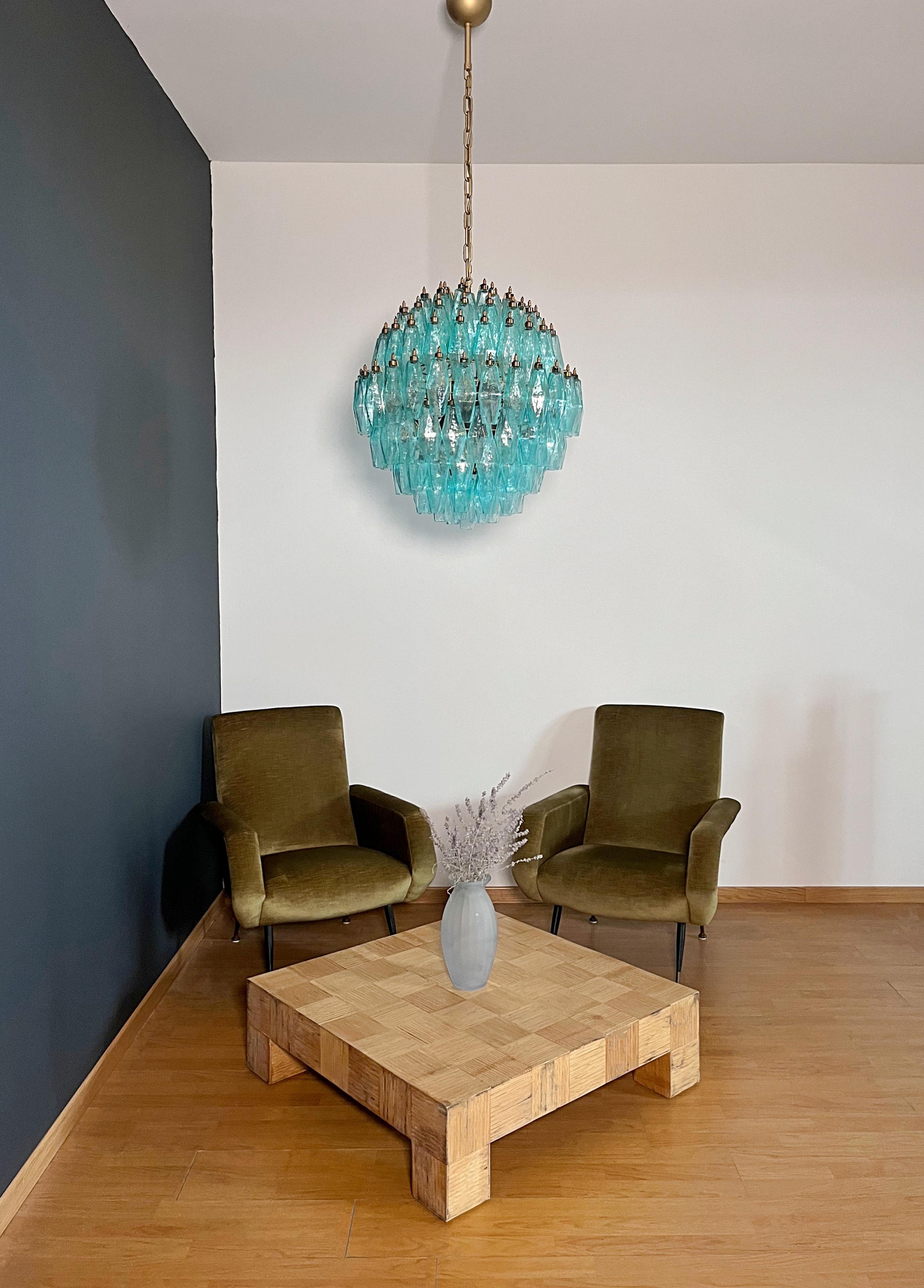 Mid-Century Modern Amazing spherical Murano polyhedrons Chandelier - 140 turquoise polyhedrons For Sale