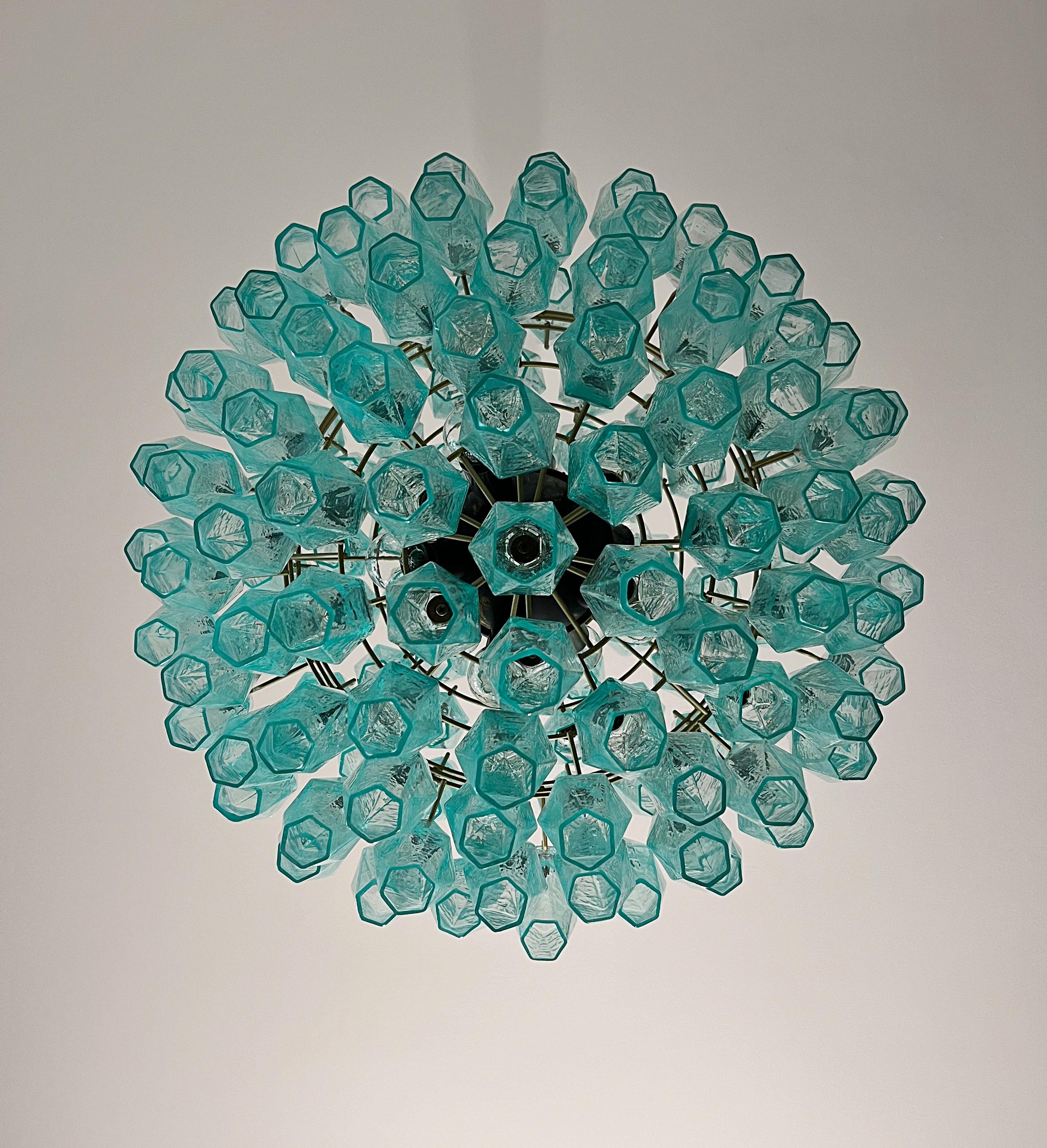 Blown Glass Amazing spherical Murano polyhedrons Chandelier - 140 turquoise polyhedrons For Sale