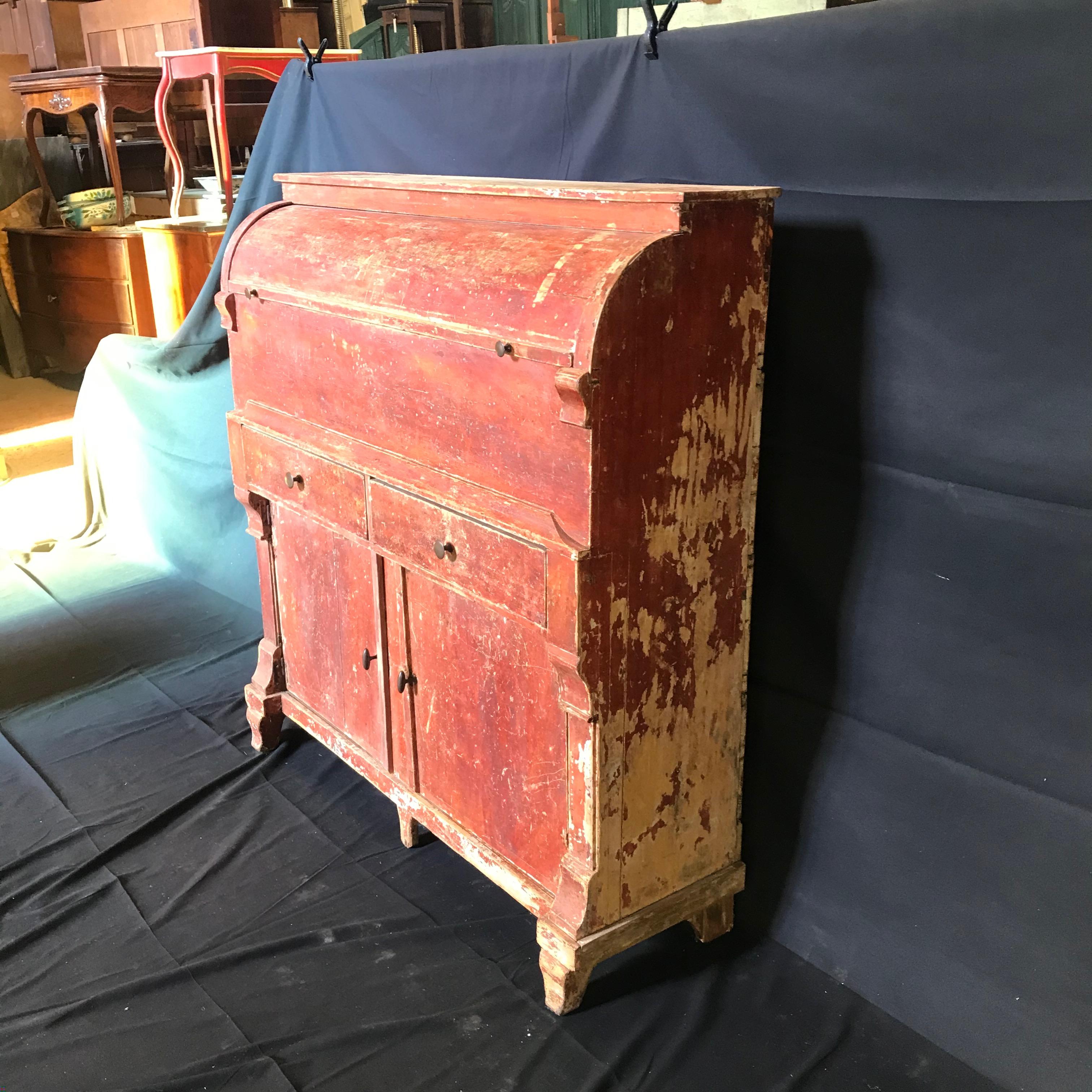 red distressed cabinets