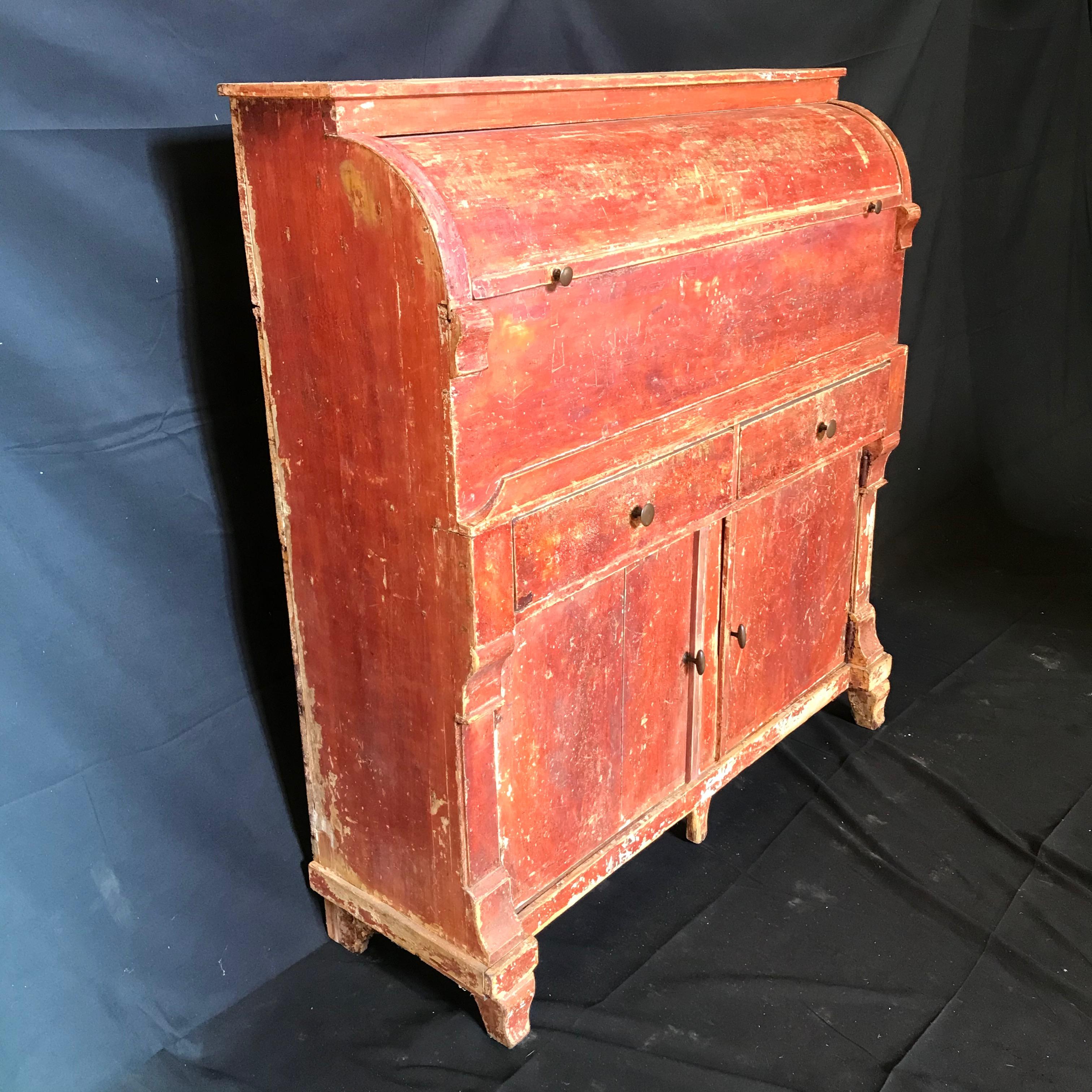Fabulous early 19th Century Swedish Gustavian Cabinet Chest Commode with original red paint and hardware. Used for storage, perhaps for an early store in Sweden, the unusual rare piece features a curved top, which opens to reveal four storage bins,