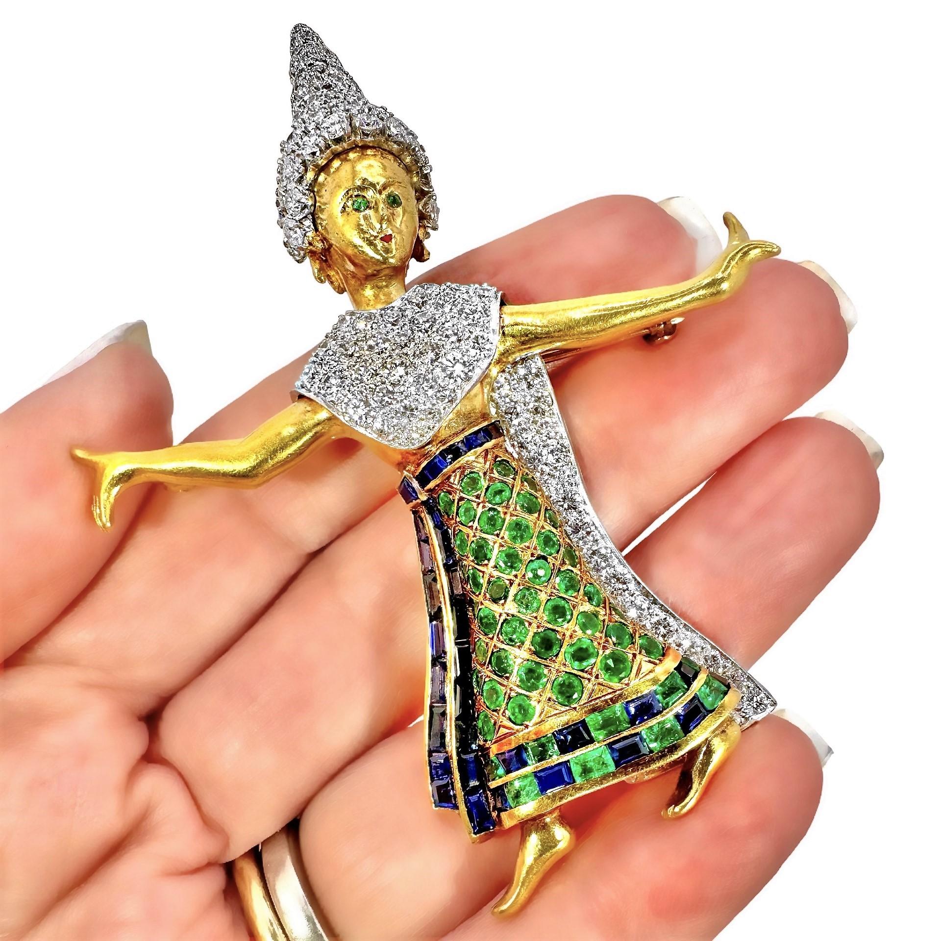 Amazing Thai Classical Dancer Brooch w/Emeralds, Sapphires and Diamonds In Good Condition For Sale In Palm Beach, FL