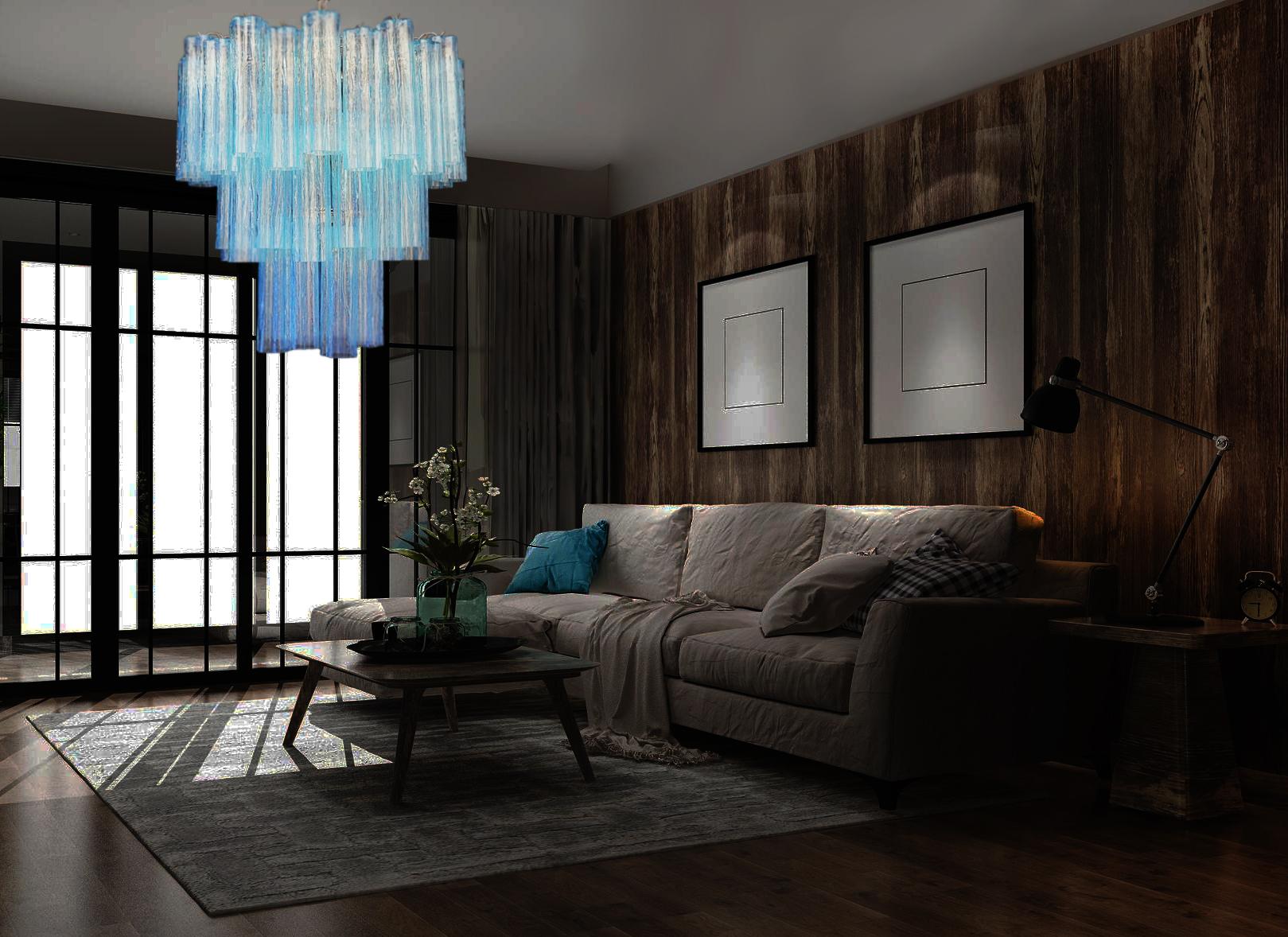 20th Century Amazing Three-Tier Murano Glass Tube Chandelier - 48 BLUE GLASSES For Sale