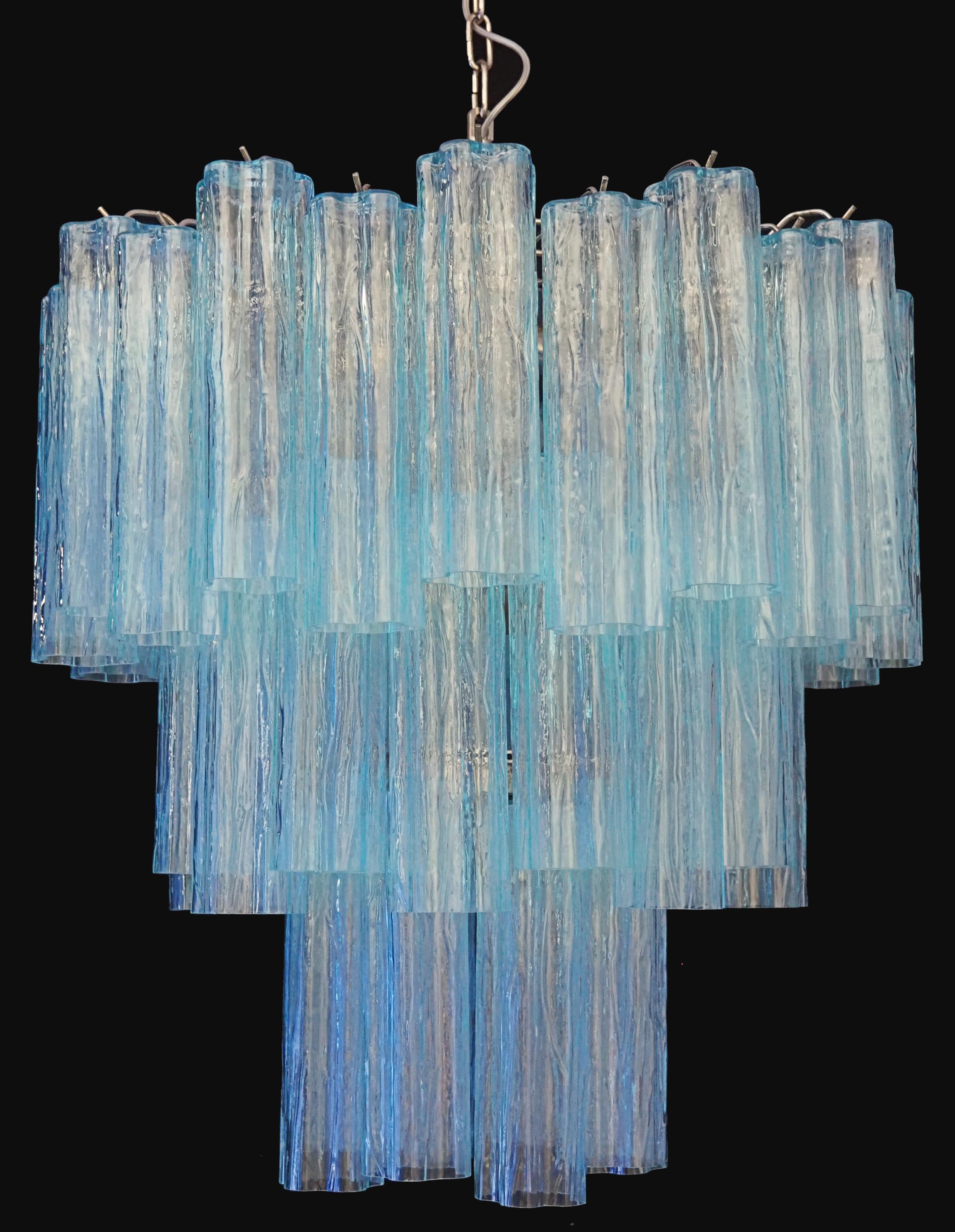 Art Glass Amazing Three-Tier Murano Glass Tube Chandelier - 48 BLUE GLASSES  For Sale