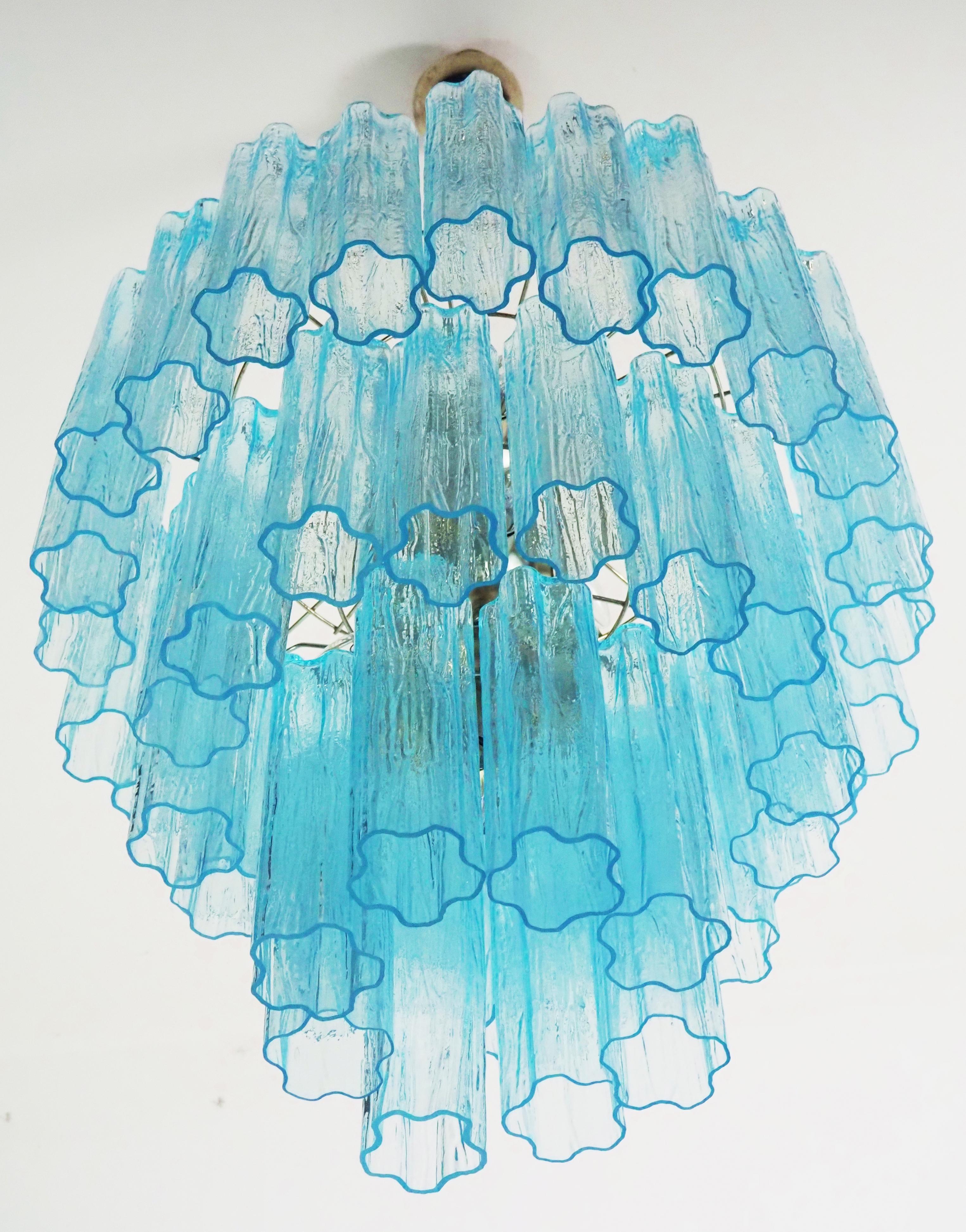 Amazing Three-Tier Murano Glass Tube Chandelier - 48 BLUE GLASSES  For Sale 1