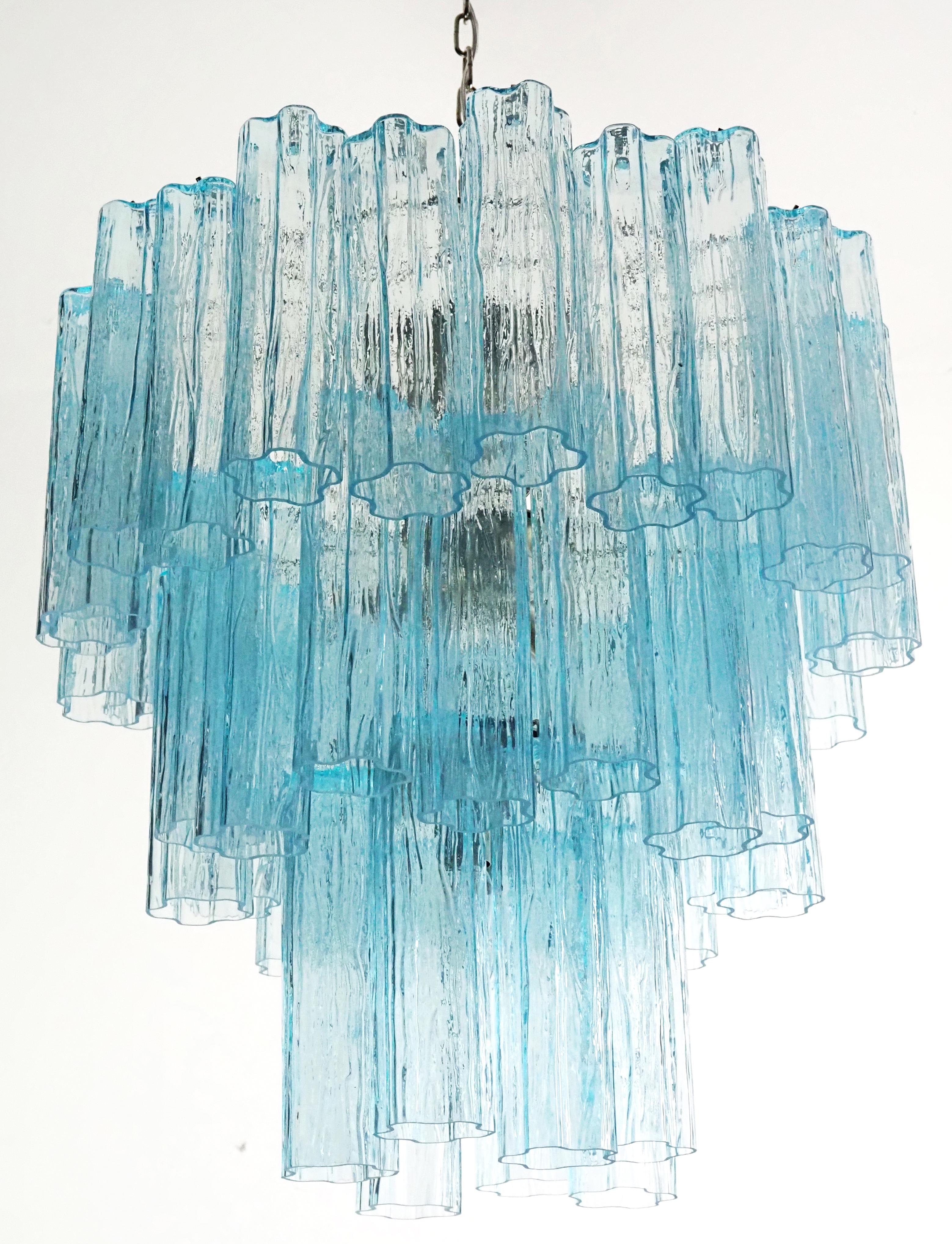 Amazing Three-Tier Murano Glass Tube Chandelier - 48 BLUE GLASSES  For Sale 3