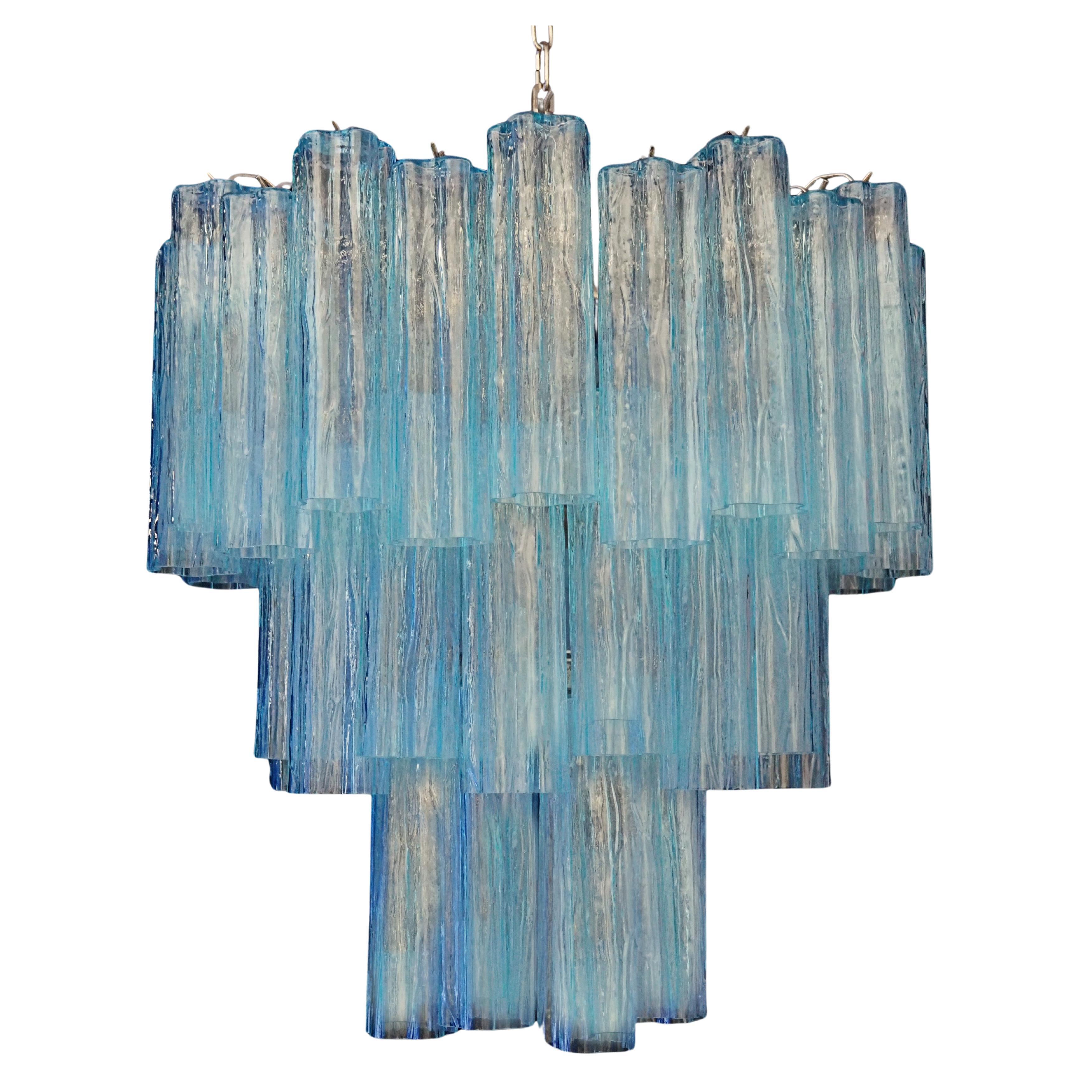 Amazing Three-Tier Murano Glass Tube Chandelier - 48 BLUE GLASSES  For Sale