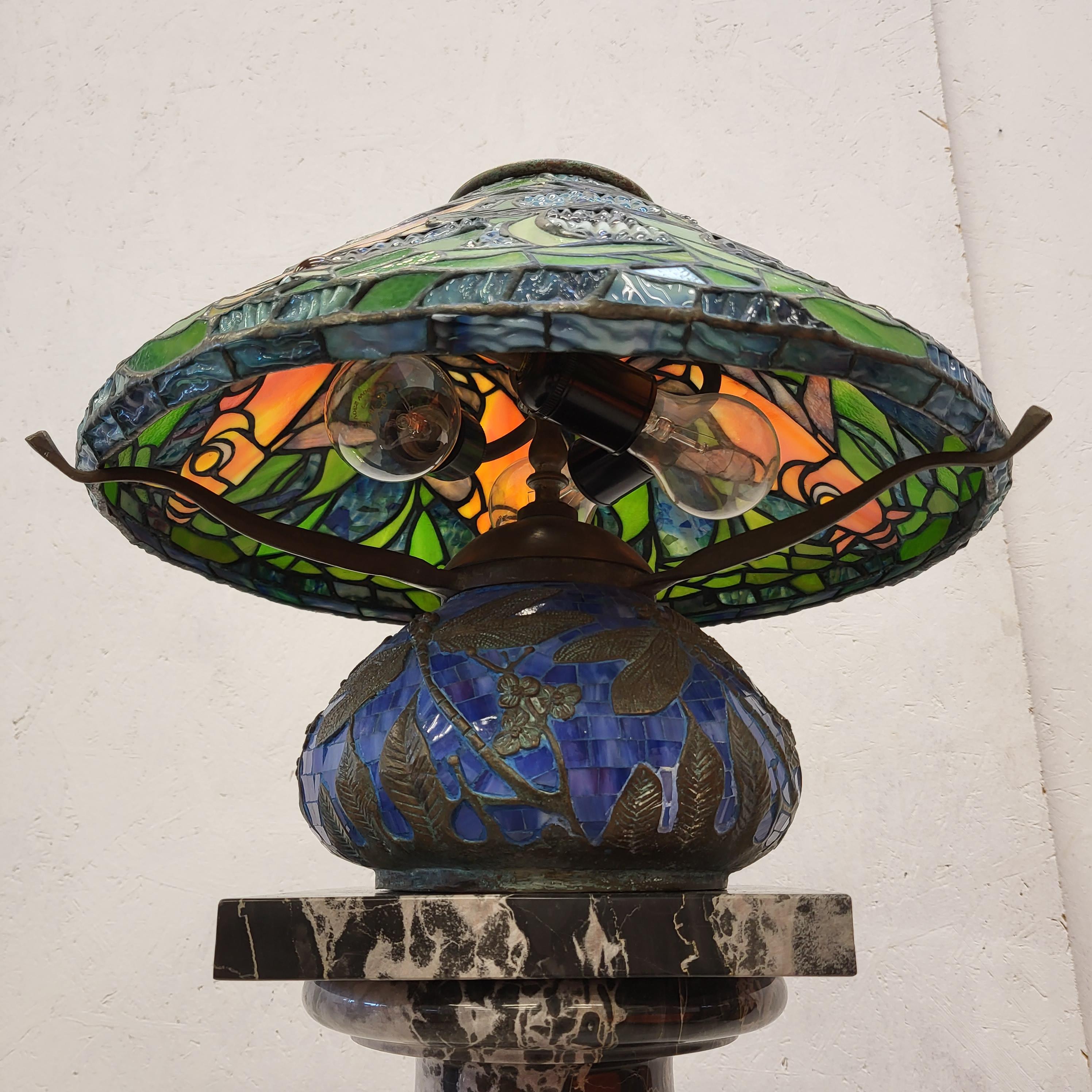 Mid-20th Century Amazing Tiffany Style Dragonfly Fish Table Lamp For Sale