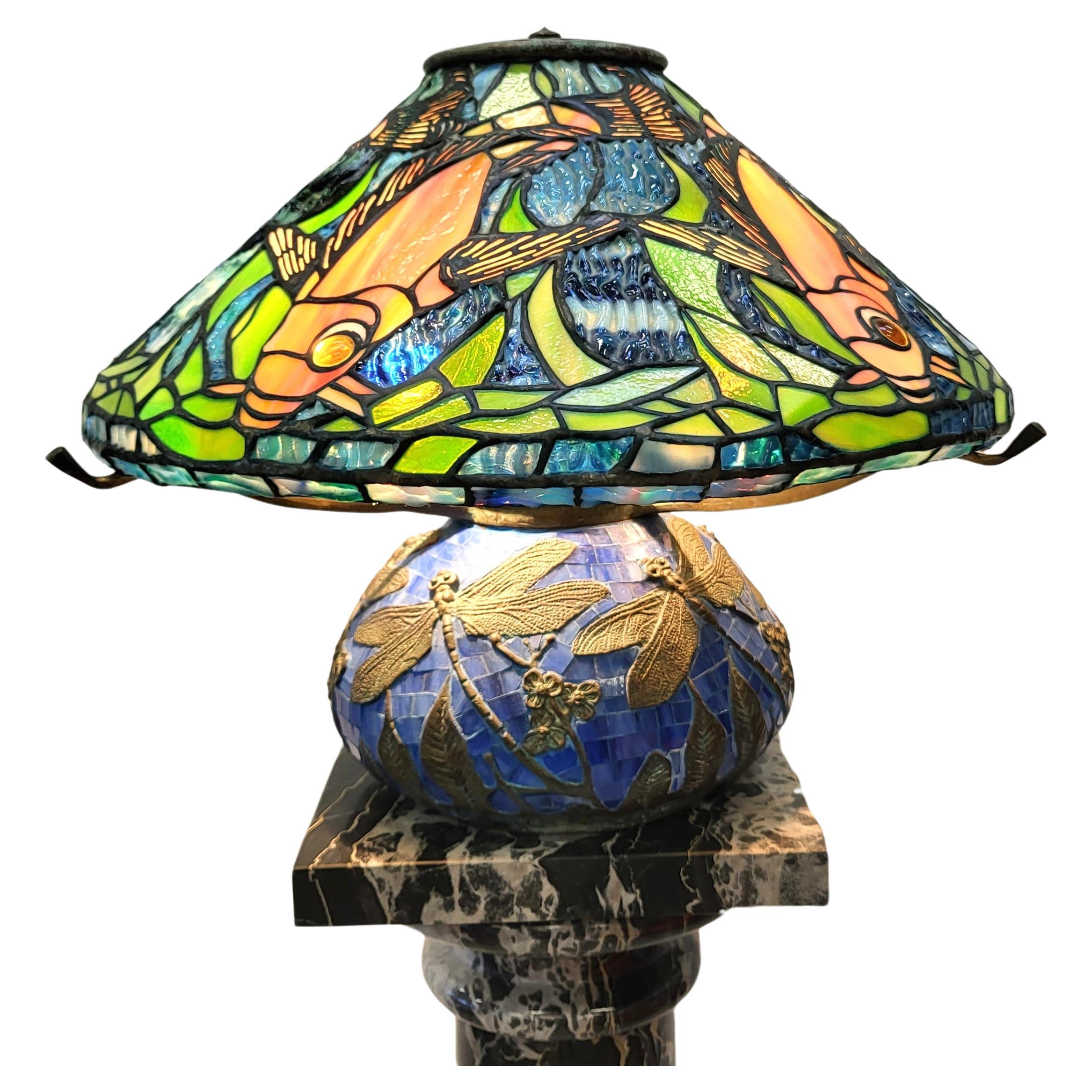 Amazing Tiffany Style Dragonfly Fish Table Lamp For Sale