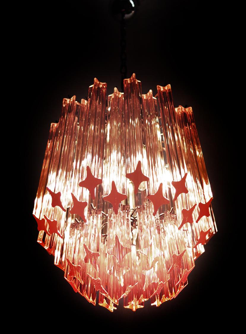 Amazing Trio of  Quadriedri Glass Chandeliers, 47 Pink Prism, Murano For Sale 4