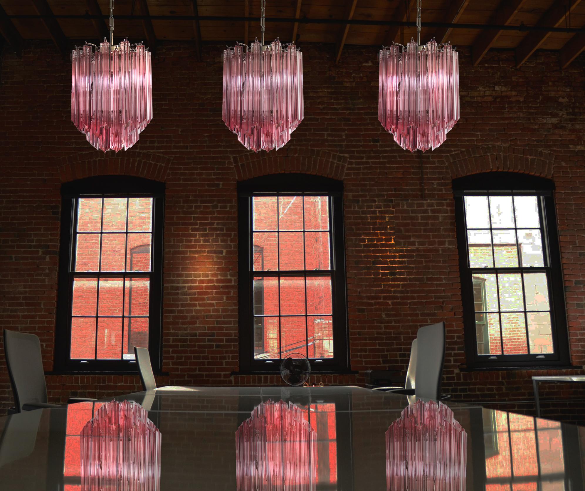 Trio Murano chandelier made by 47 Murano pink crystal prism 