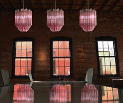 Amazing Trio of Quadriedri Glass Chandeliers, Pink Prism, Murano