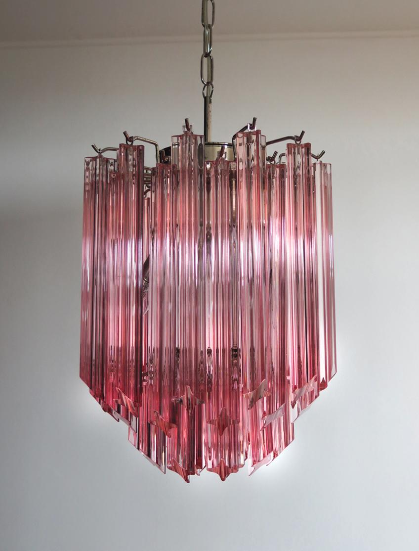 20th Century Amazing Trio of Quadriedri Glass Chandeliers, Pink Prism, Murano