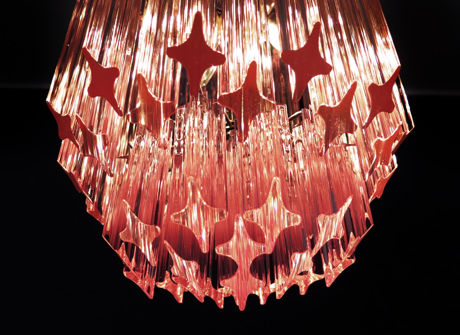 20th Century Amazing Trio of  Quadriedri Glass Chandeliers, 47 Pink Prism, Murano For Sale