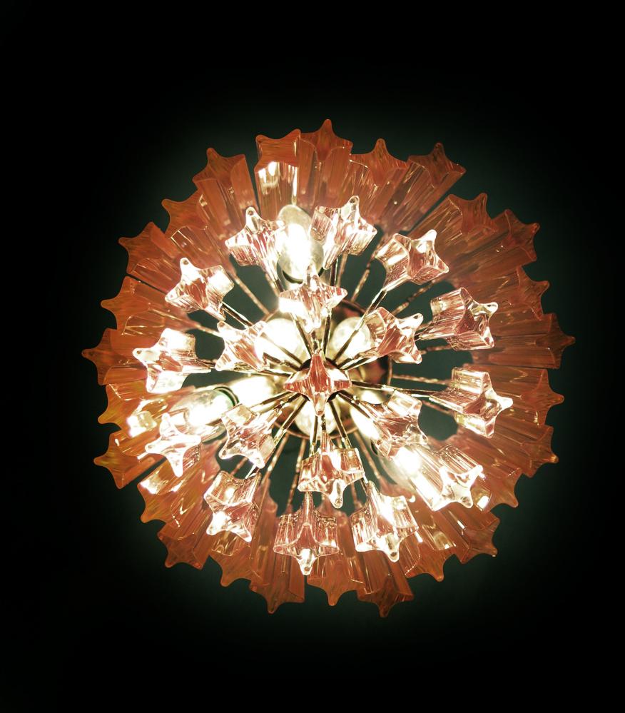 Metal Amazing Trio of Quadriedri Glass Chandeliers, Pink Prism, Murano