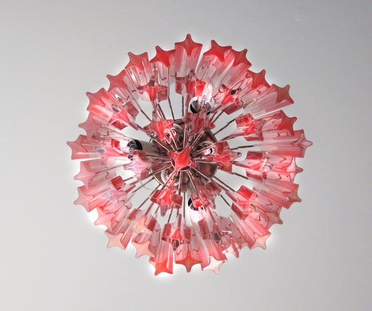 Metal Amazing Trio of  Quadriedri Glass Chandeliers, 47 Pink Prism, Murano For Sale