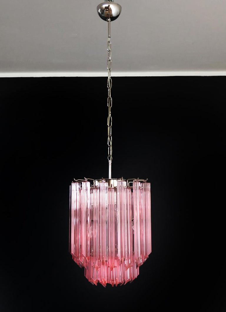 Amazing Trio of  Quadriedri Glass Chandeliers, 47 Pink Prism, Murano For Sale 1
