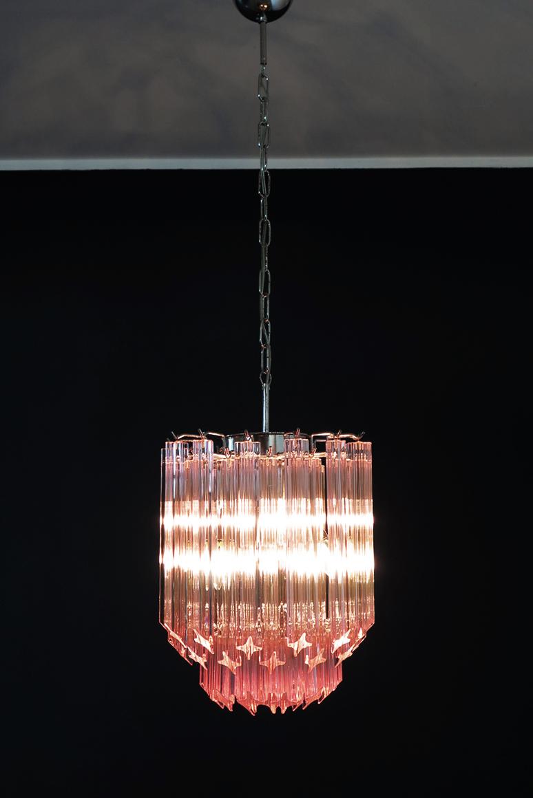 Amazing Trio of  Quadriedri Glass Chandeliers, 47 Pink Prism, Murano For Sale 2