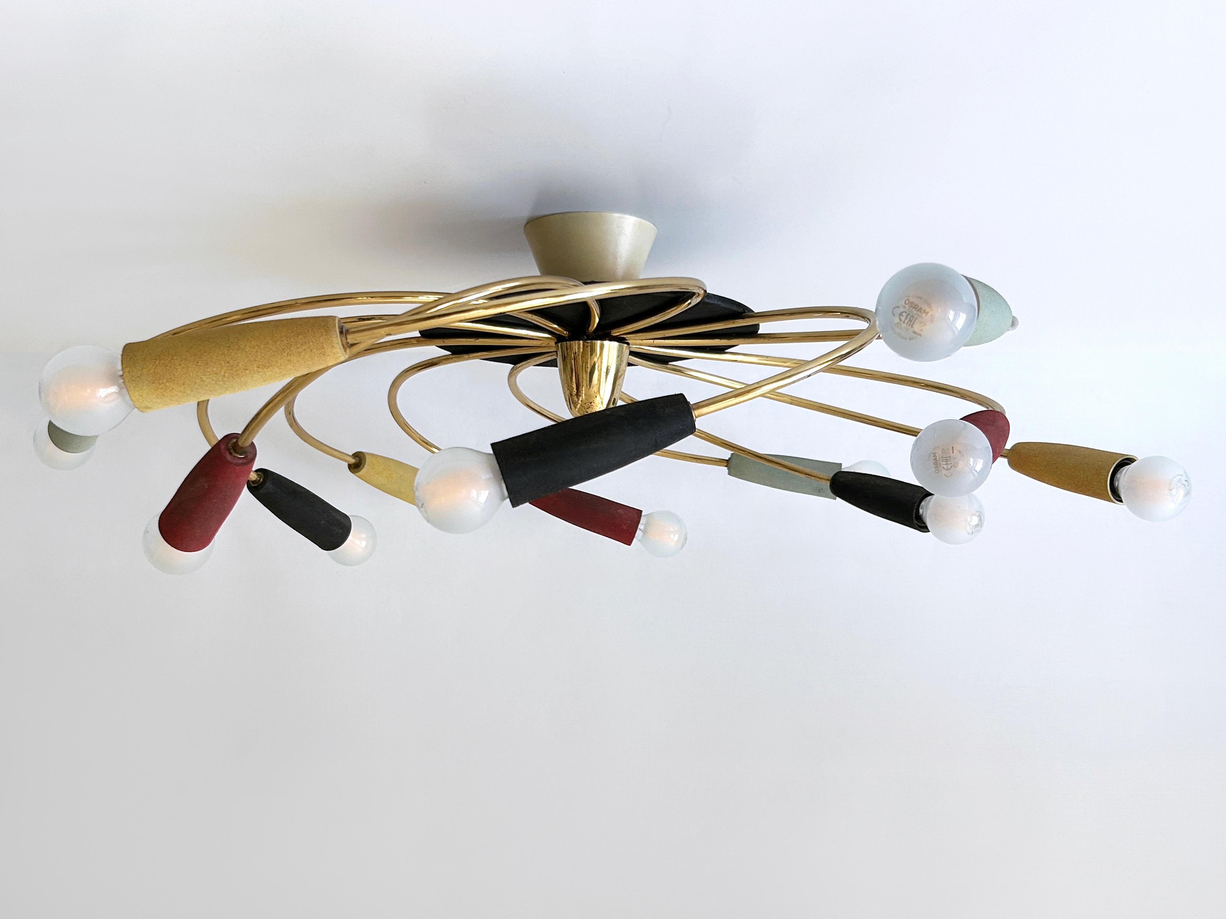 Brass Amazing Twelve-Flamed Sputnik Chandelier or Ceiling Lamp 'Tornado' Germany 1950s For Sale