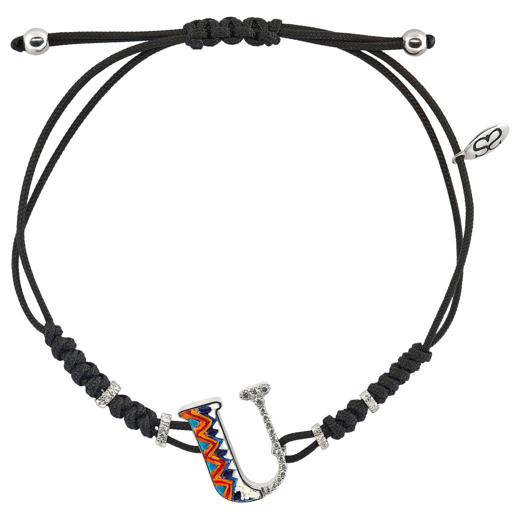 Elegante Pulsera Letra U Oro Blanco Diamantes Micromosaico Decorado a Mano