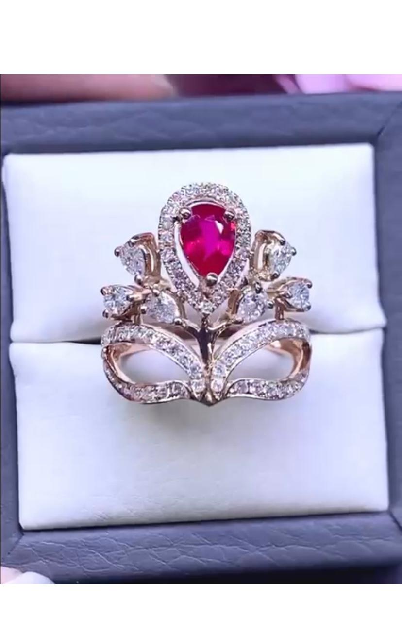 Pear Cut AIG Certified 1.10 Ct Untreated Ruby Diamonds 18K Gold Ring  For Sale