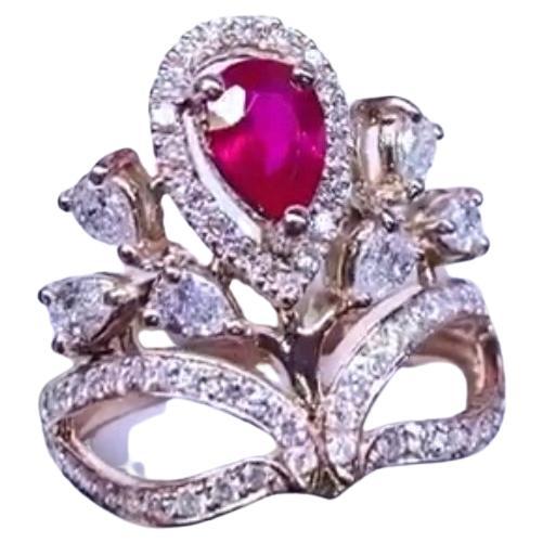 AIG Certified 1.10 Ct Untreated Ruby Diamonds 18K Gold Ring  For Sale