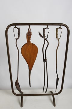Amazing Unique Artisan Hand Wrought Italian Mid-Century Fireplace Tools & Stand