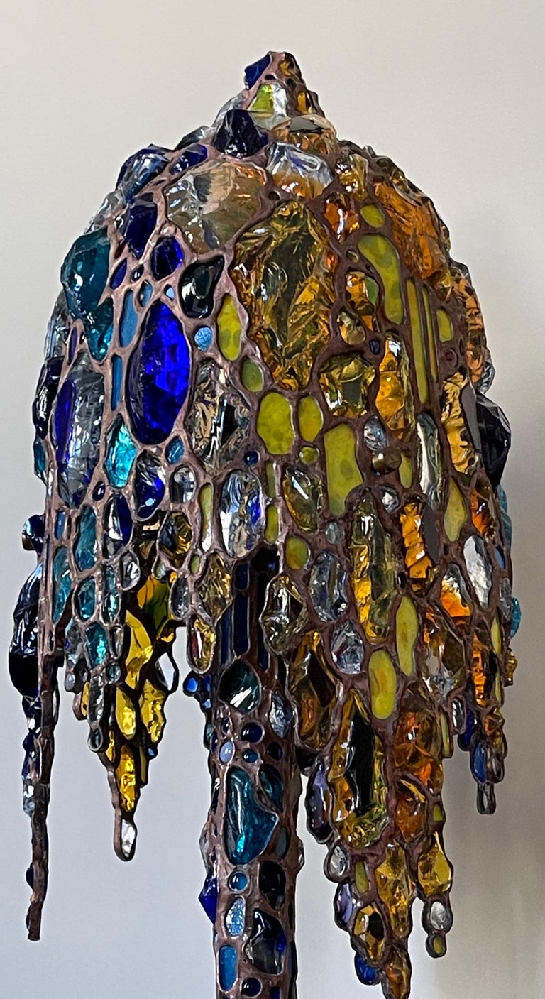 Amazing Unique Jeweled Cast Bronze and Marble Signed Table Lamp, circa 1970s For Sale 8