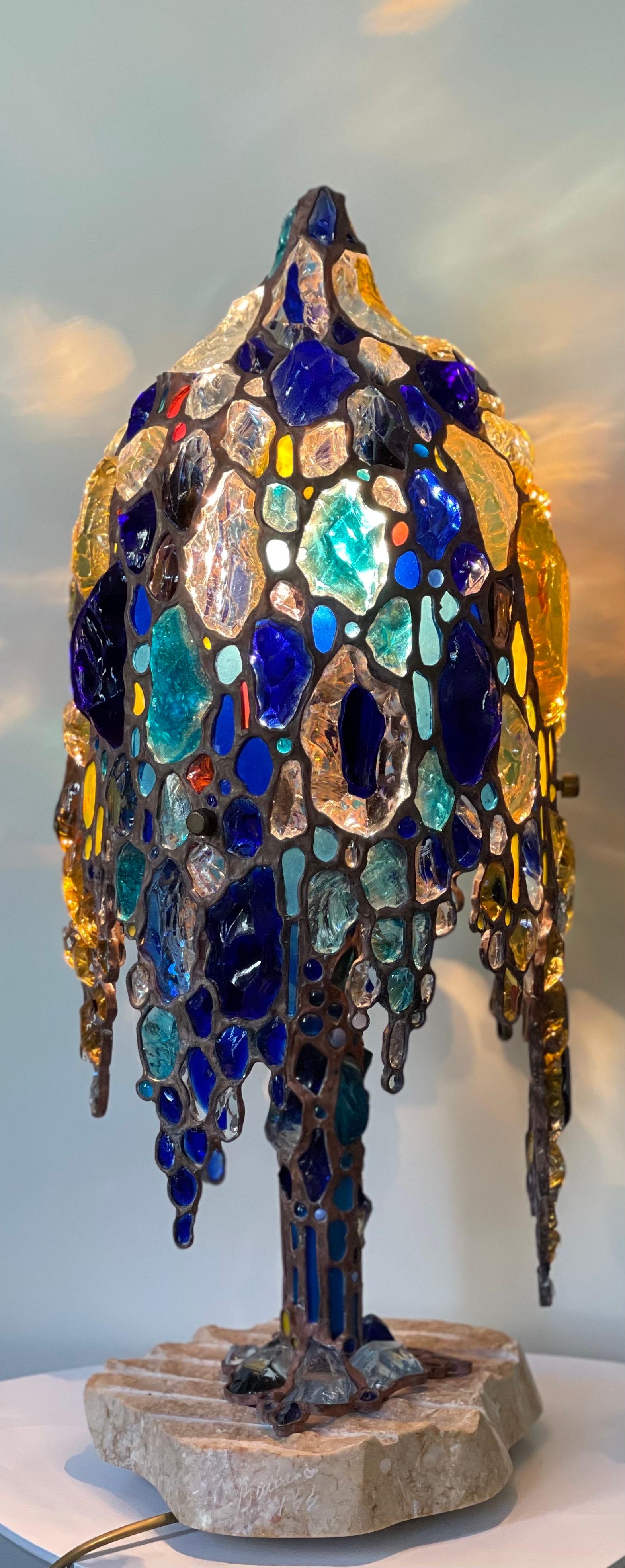 Italian Designer Jeweled Cast Bronze and Marble Signed Table Lamp, circa 1970s 9